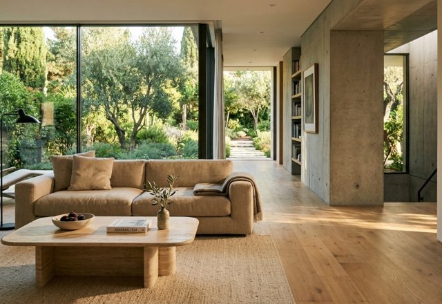 Interior design clearance standards visualized in a minimalist living room featuring 36-inch walkways and a low-slung linen sofa with 18-inch coffee table reach.