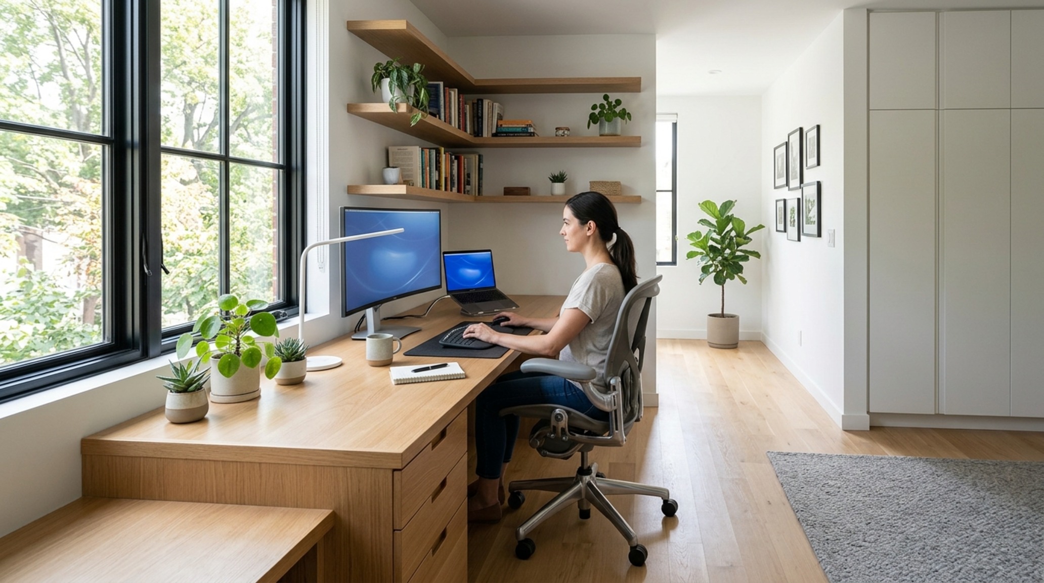 3D room layout visualizer of a home office featuring a built-in rift-sawn oak desk and ergonomic chair with 42-inch clearance for swivel and movement.