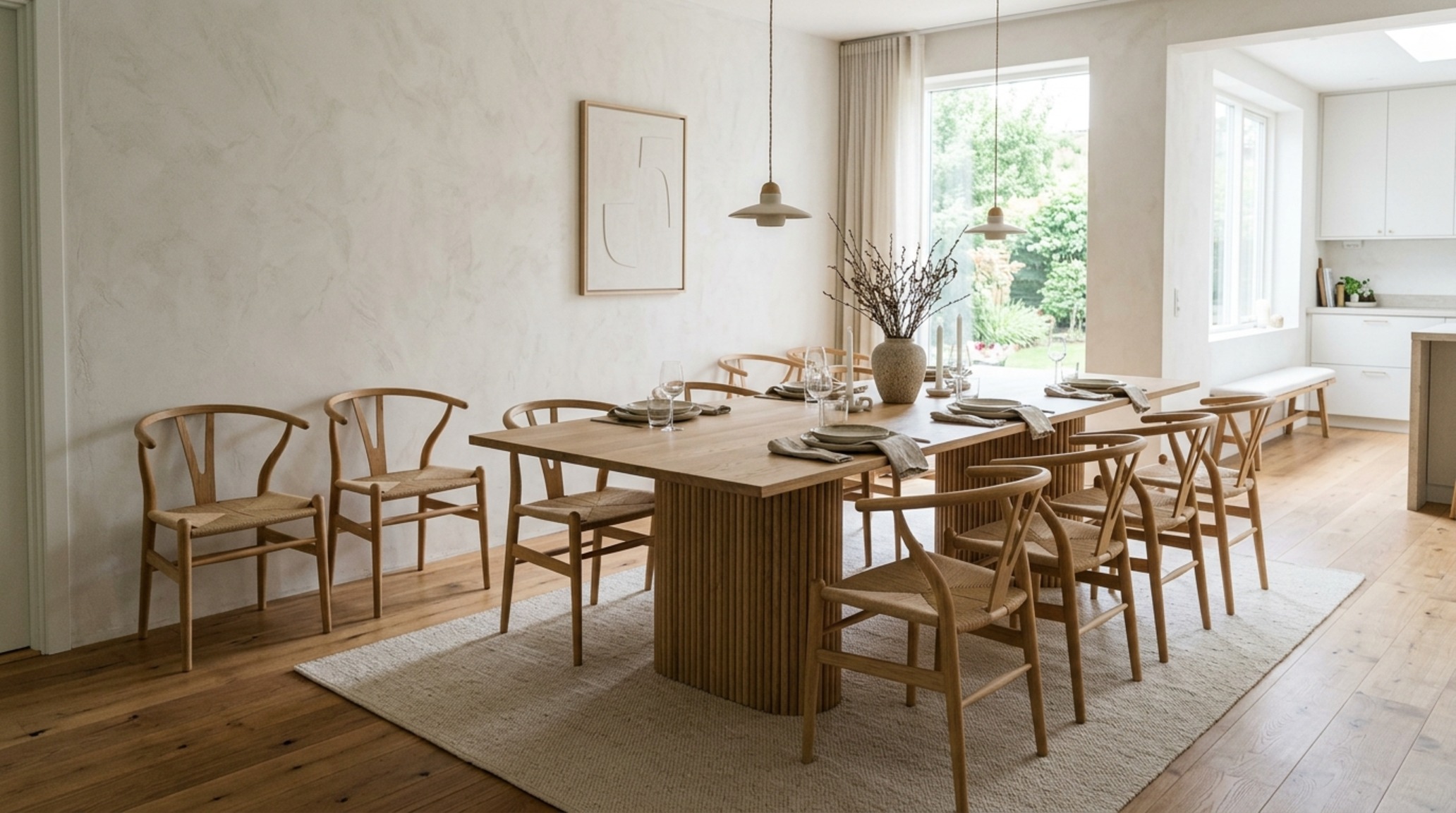 Furniture scaling and proportion demonstrated with an oversized fluted oak dining table and sculptural chairs maintaining 30-inch wall clearance in a sunlit room.