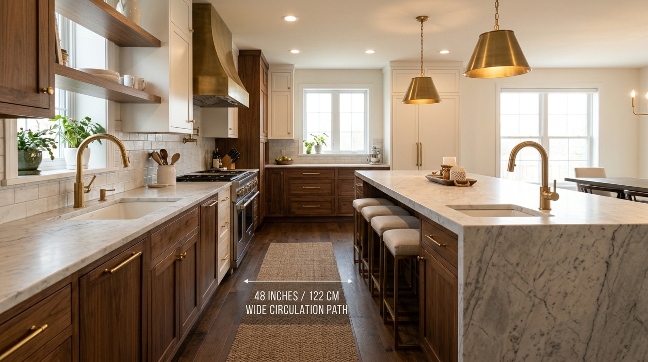 Residential circulation patterns optimized in an open-concept kitchen using a floor space planner to ensure a 48-inch island aisle and seamless flow to the dining area.