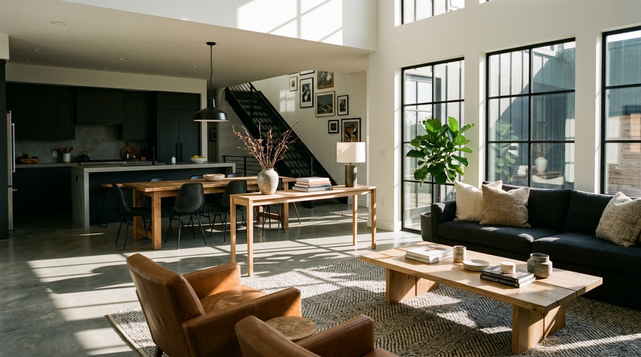 Open concept zoning strategies using a large wool rug and a low-profile console to define a living area from a micro-cement entryway.