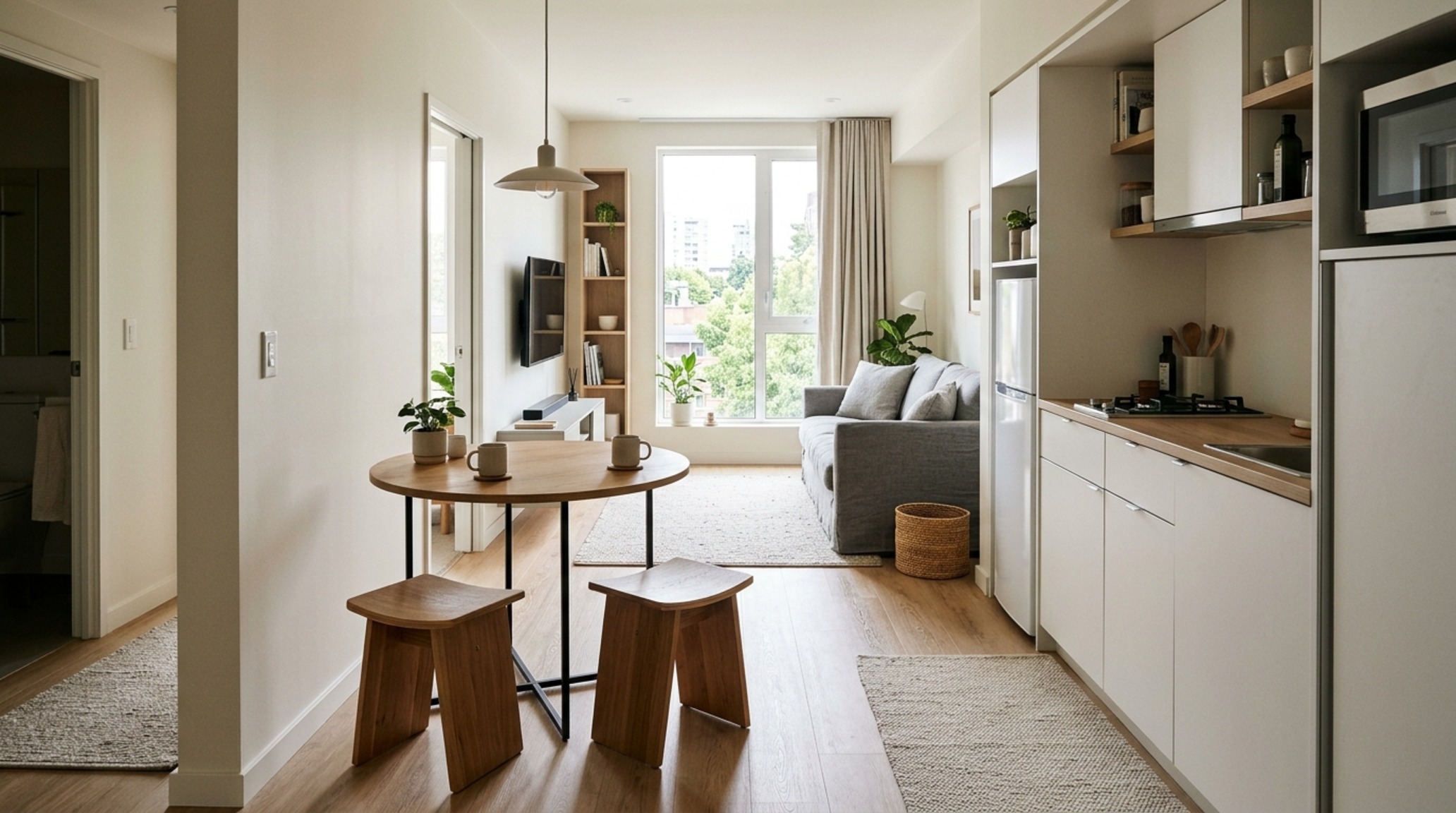 Digital spatial planning tools applied to a compact urban apartment showing a multifunctional layout with nesting stools and optimized vertical storage.