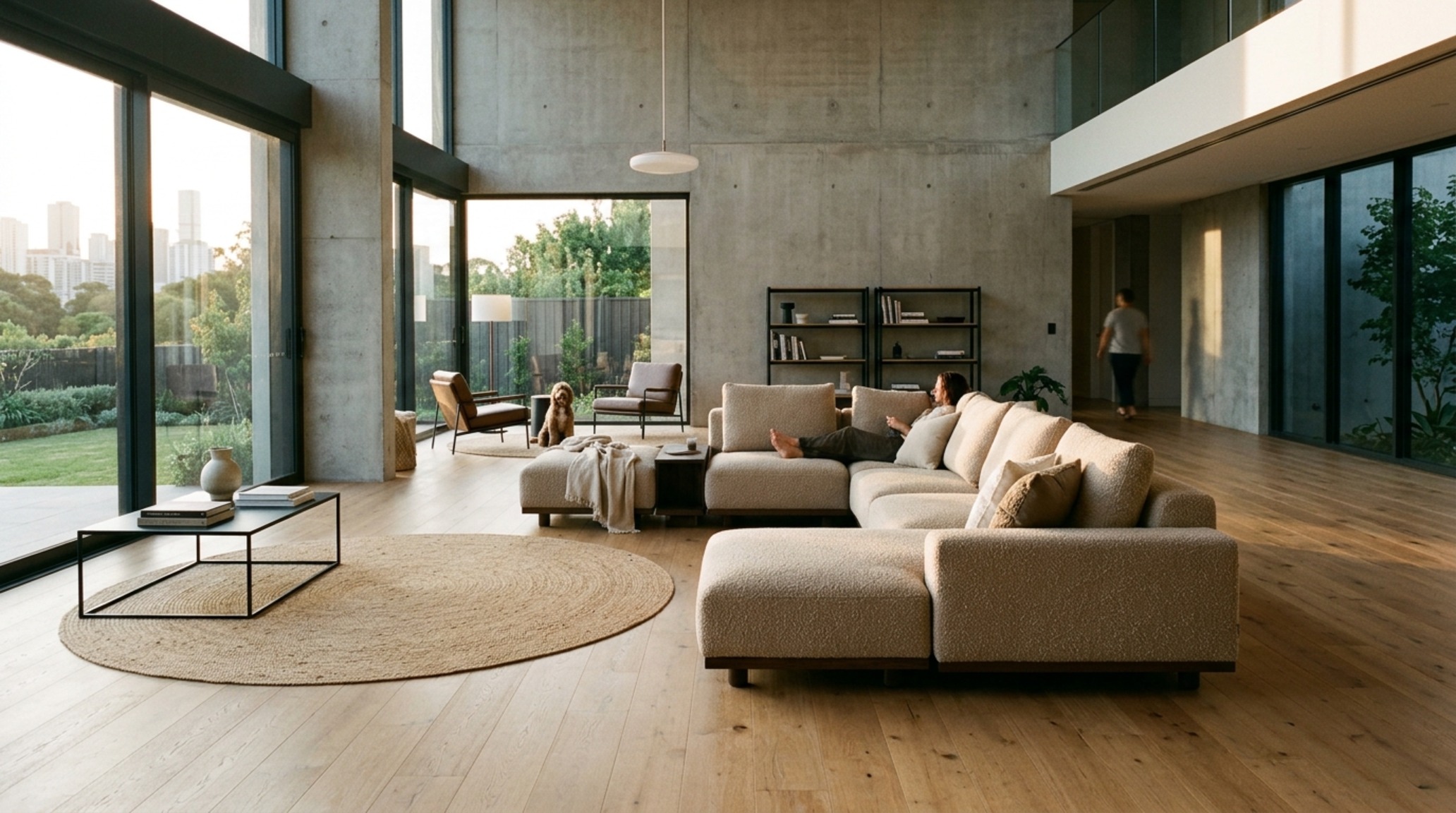 Furniture scaling and proportion of a modular sectional sofa in a large-scale modern lounge with high-CRI directional task lighting and floor-to-ceiling windows.