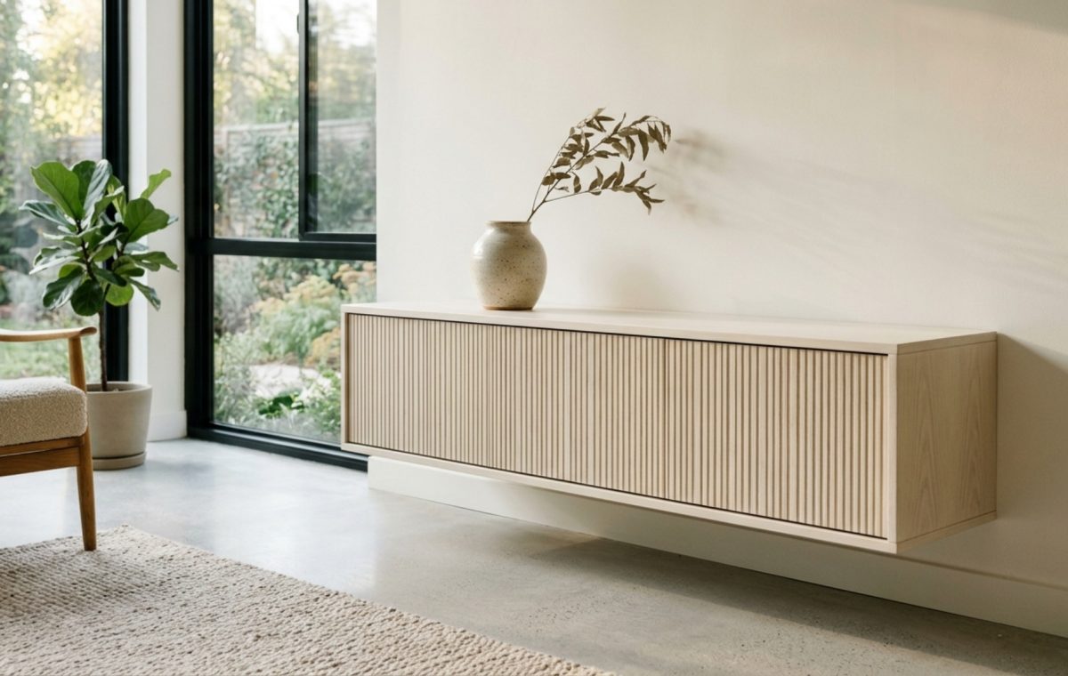 A wall-mounted floating Bestå media console finished in Benjamin Moore Swiss Coffee with a custom fluted oak top, exemplifying ikea storage hacks decor ideas in a minimal living room.