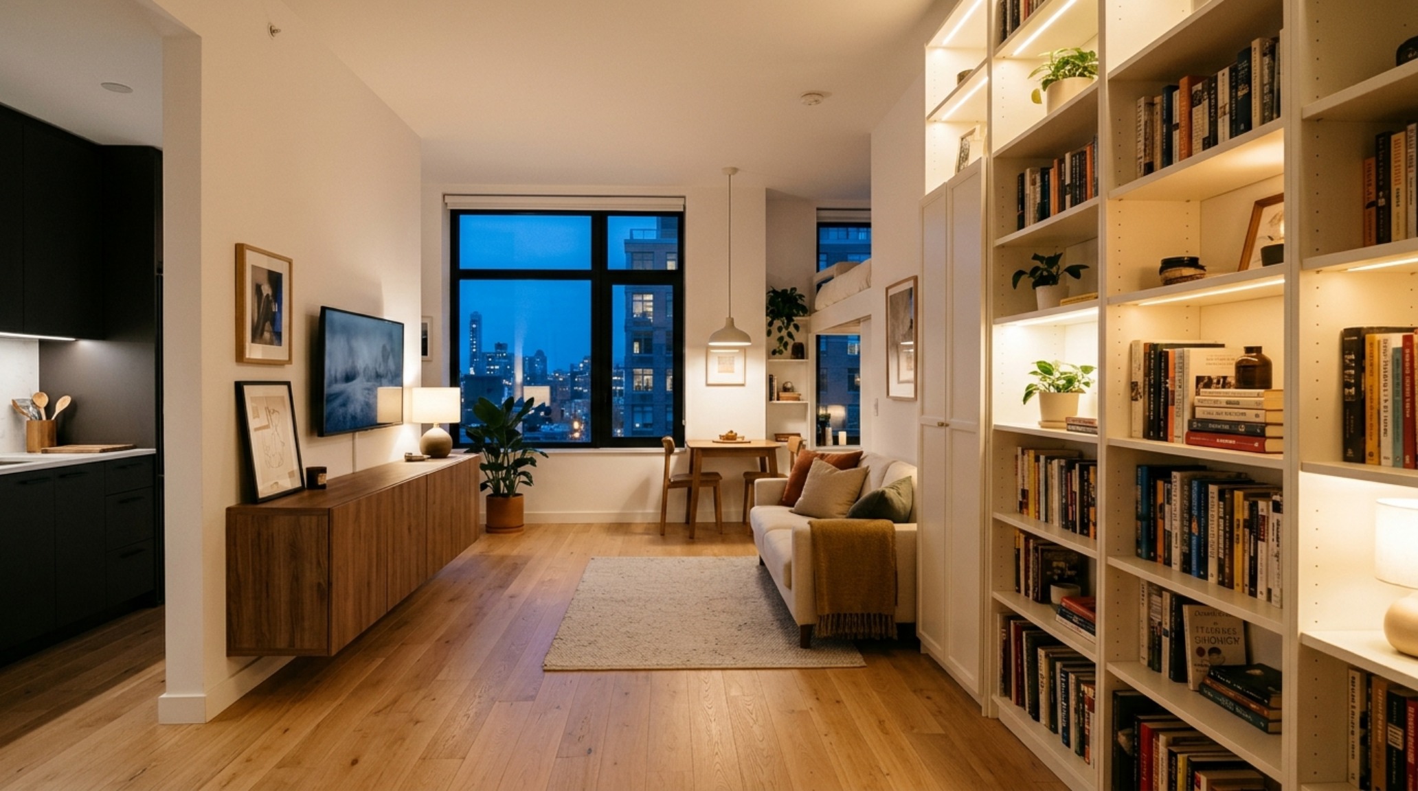 Architectural view of a small living zone where aesthetic billy bookcase built-in ideas allow for a clear 36-inch primary circulation path and negative space.
