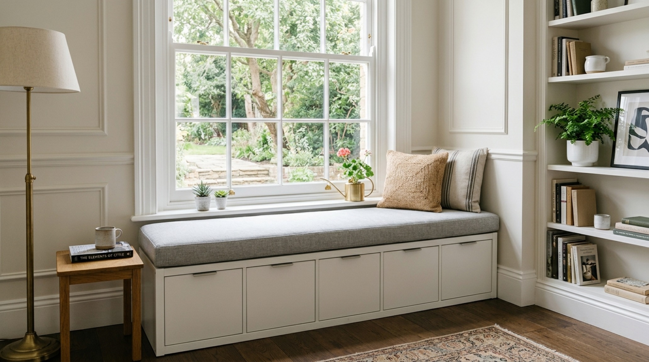Custom Kallax window bench with a linen upholstered cushion and hidden deep-drawer storage, optimizing a small urban apartment with ergonomic seating heights.