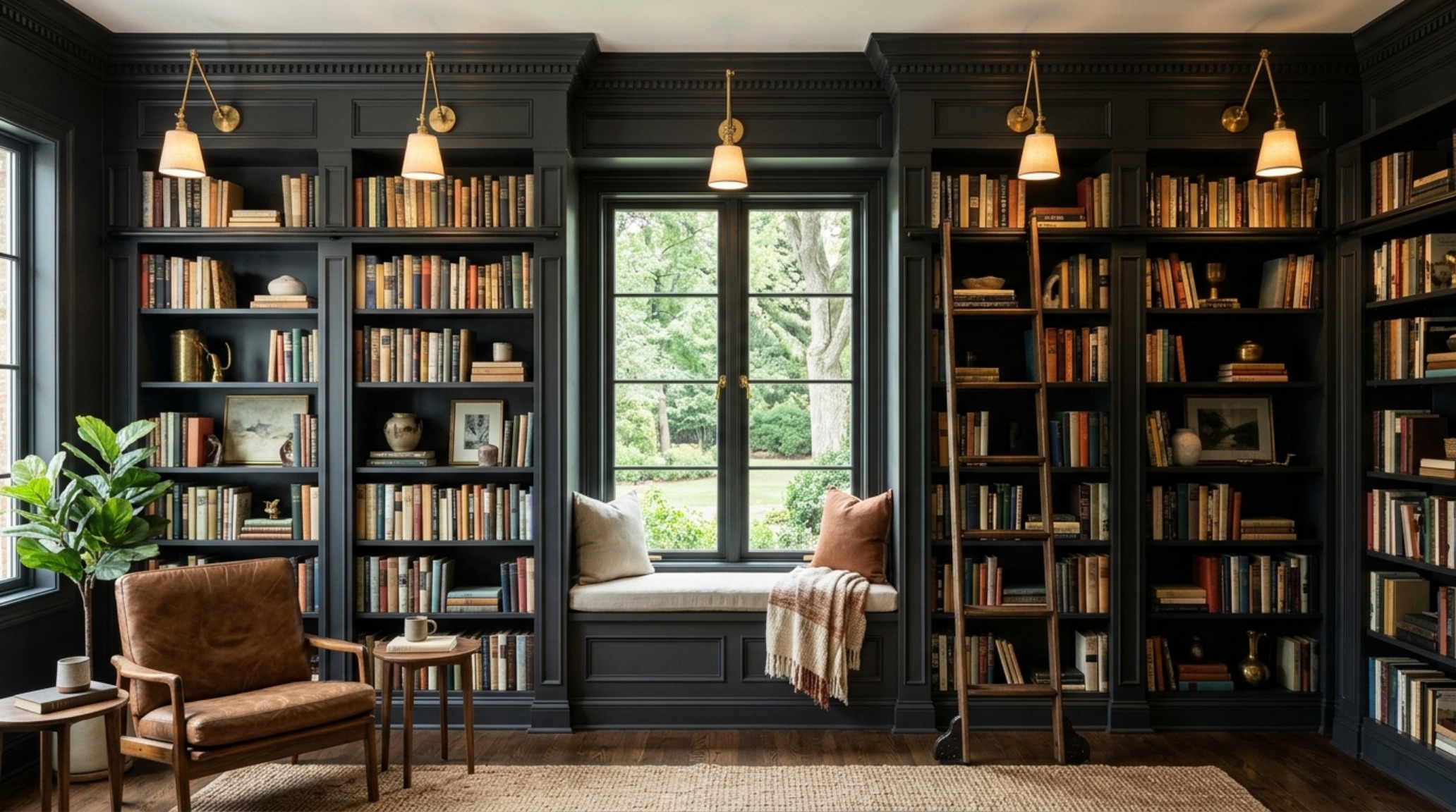 Floor-to-ceiling Billy bookcase built-ins with custom crown molding and library ladder, finished in a matte charcoal lacquer to create a bespoke study atmosphere.