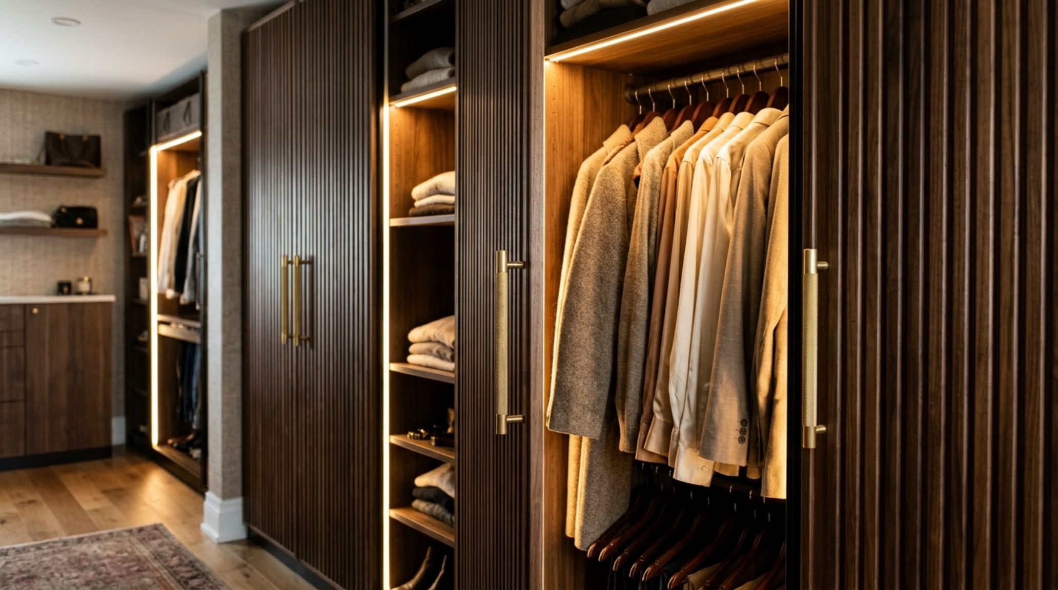 An integrated IKEA Pax closet system with custom fluted wood doors and brushed brass hardware, featuring 2700K warm internal LED lighting for a luxury walk-in feel.