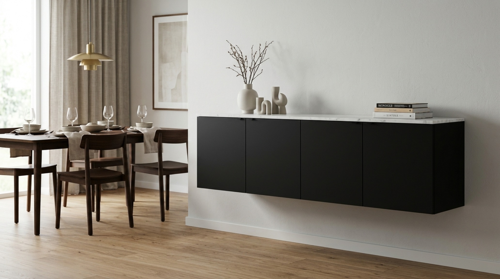 Floating bestå sideboard console tutorial visualization in a moody office setting, featuring dark wood tones and integrated hidden cable management systems.