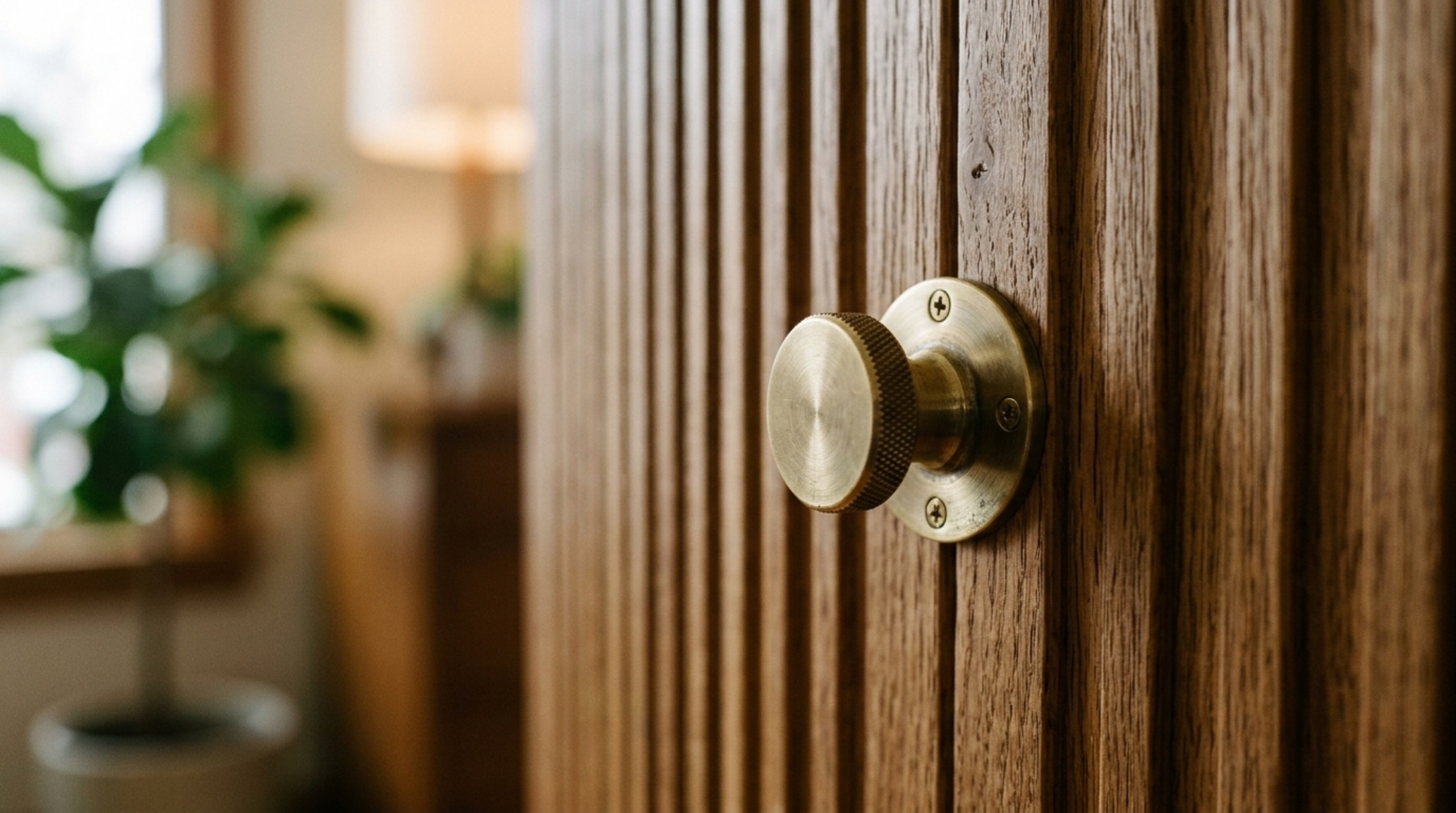 Close-up of a fluted white oak furniture flip on an IKEA Malm dresser, highlighting the 35mm lens detail of grain and unlacquered brass pulls.