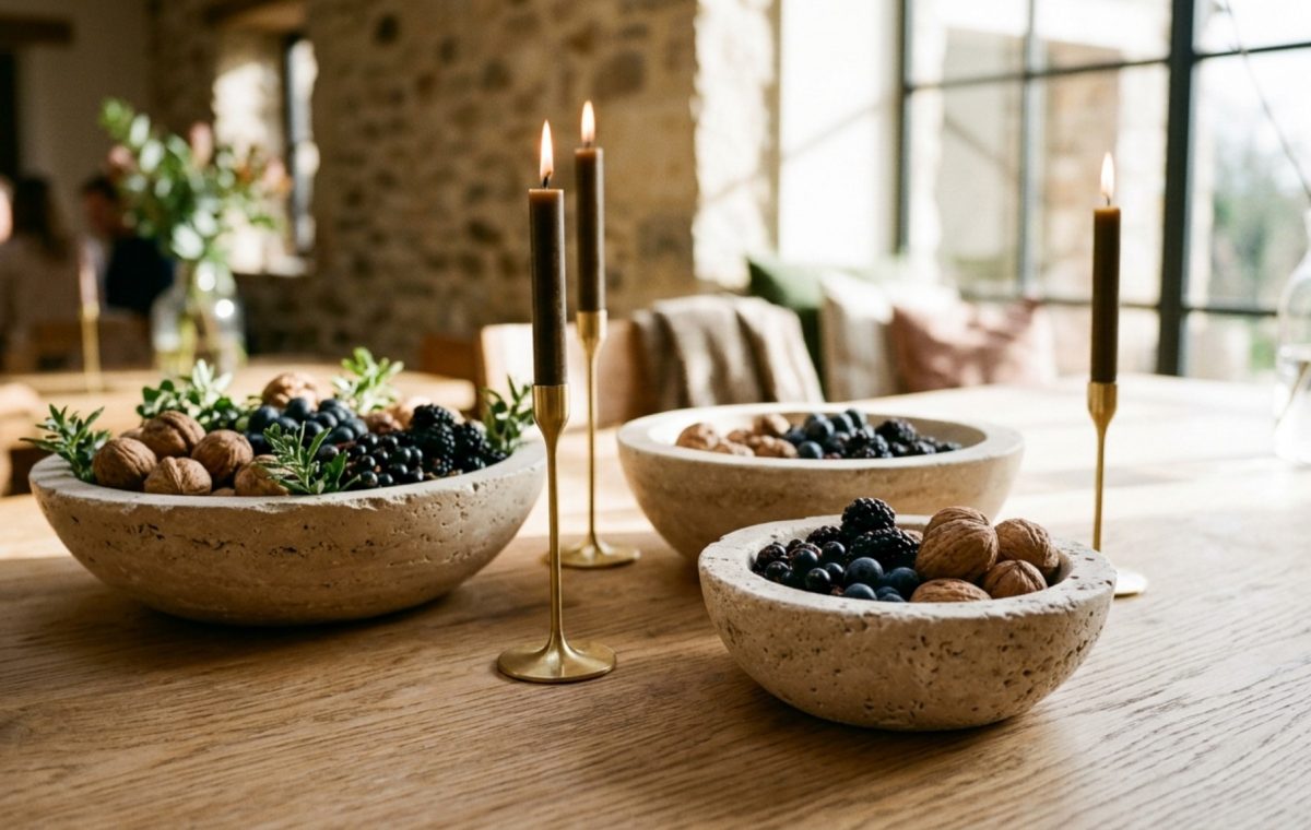 low-profile festive centerpieces featuring hand-carved travertine bowls and slim brass candle holders on a white oak table
