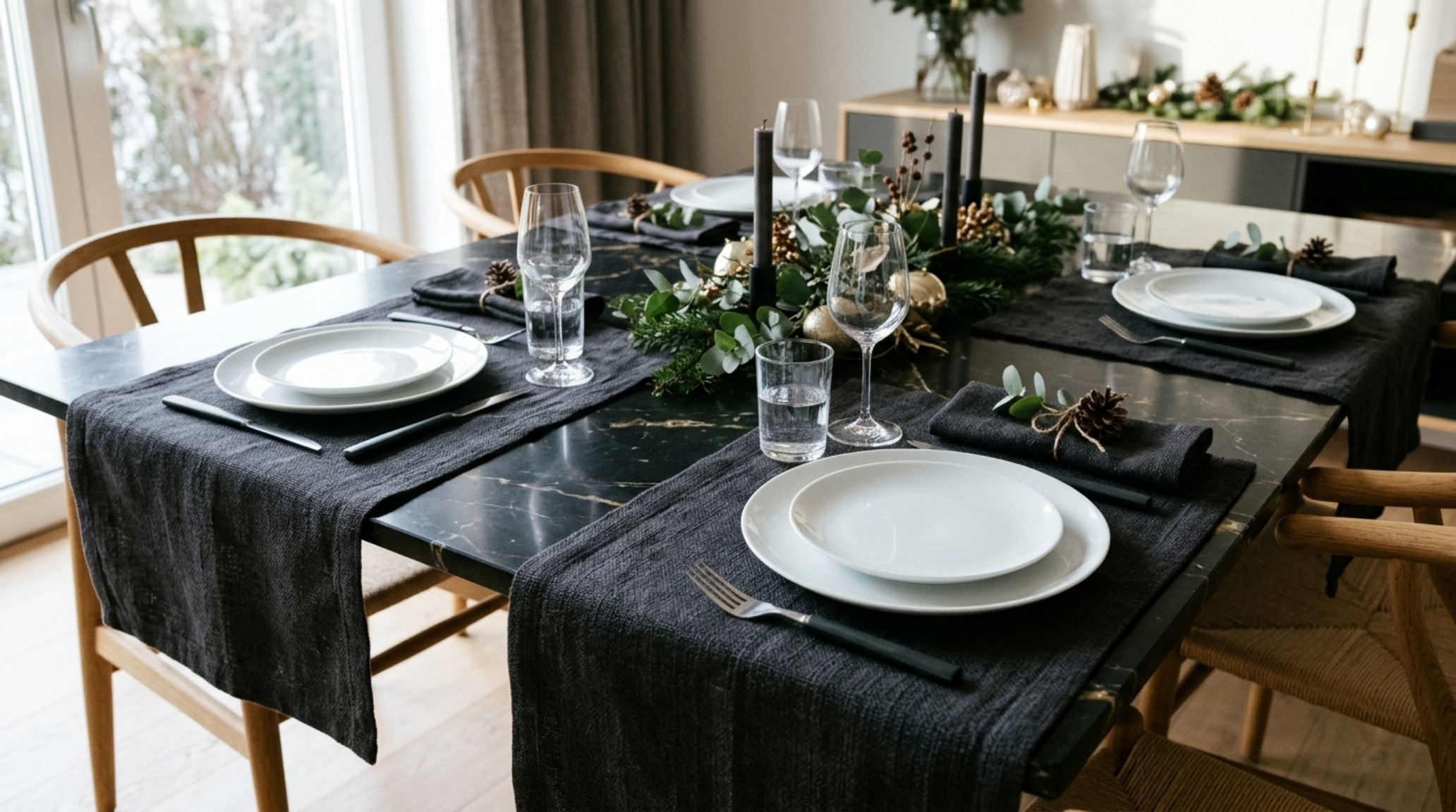 modern christmas table runners in heavy Belgian linen layered across a marble dining surface to define guest zones modern christmas table runners in heavy Belgian linen layered across a marble dining surface to define guest zones