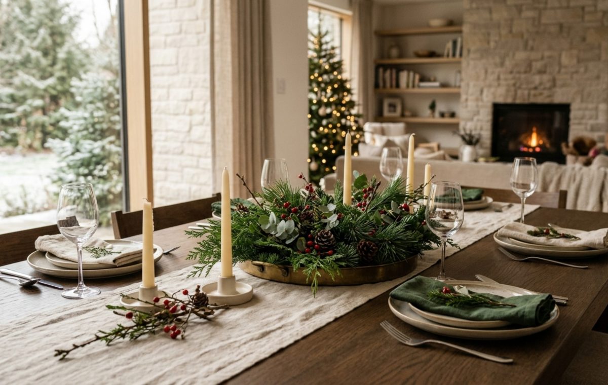 Centerpiece height rules applied to a low-profile evergreen and cedar arrangement on a white oak dining table with 2700K warm lighting.