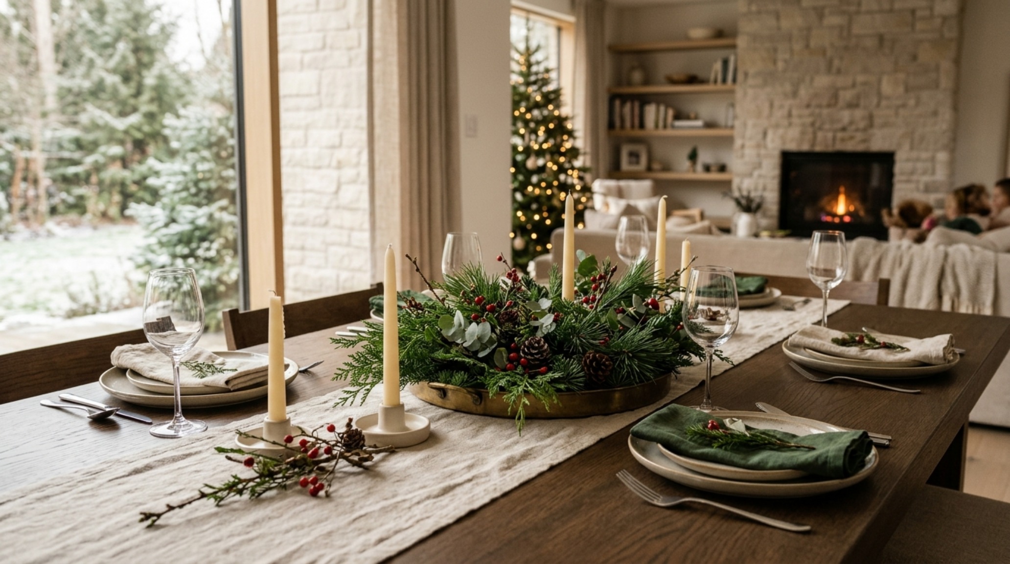 Centerpiece height rules applied to a low-profile evergreen and cedar arrangement on a white oak dining table with 2700K warm lighting. Centerpiece height rules applied to a low-profile evergreen and cedar arrangement on a white oak dining table with 2700K warm lighting.