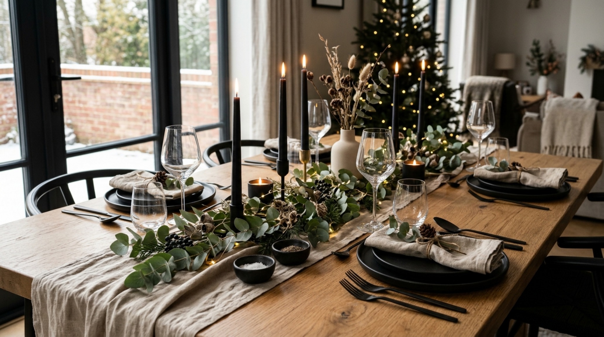 Modern christmas tablescape showcasing matte charcoal ceramics, raw Belgian linen runners, and minimalist brass accents in a sunlit dining room. Modern christmas tablescape showcasing matte charcoal ceramics, raw Belgian linen runners, and minimalist brass accents in a sunlit dining room.