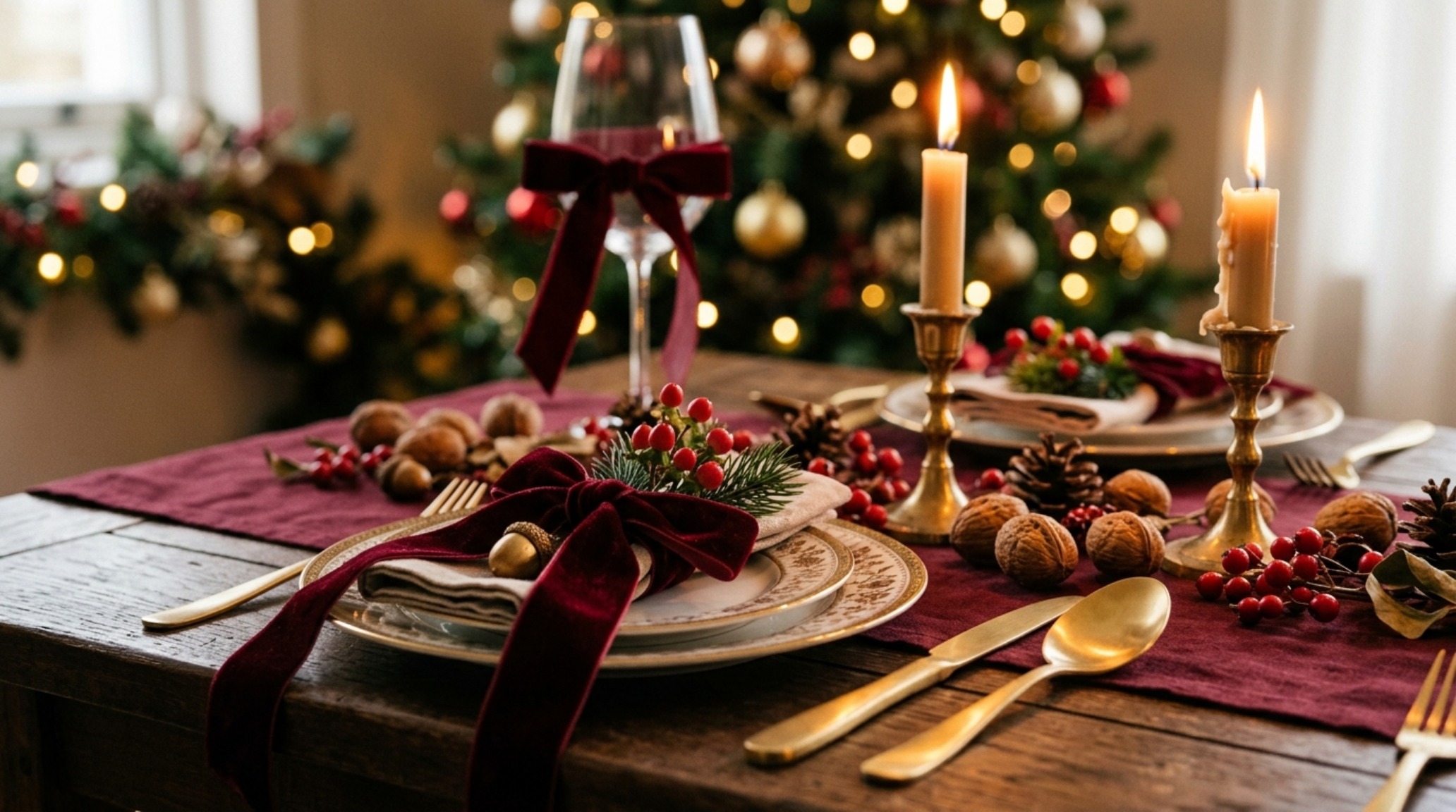 Red and gold christmas table featuring deep crimson velvet ribbons, antique brass candleholders, and fresh pomegranate accents for tactile texture. Red and gold christmas table featuring deep crimson velvet ribbons, antique brass candleholders, and fresh pomegranate accents for tactile texture.