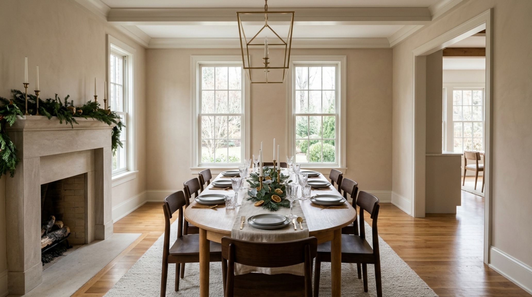 Holiday dining room styling with a 36-inch circulation path around a large rectangular table set with elegant holiday table settings. Holiday dining room styling with a 36-inch circulation path around a large rectangular table set with elegant holiday table settings.