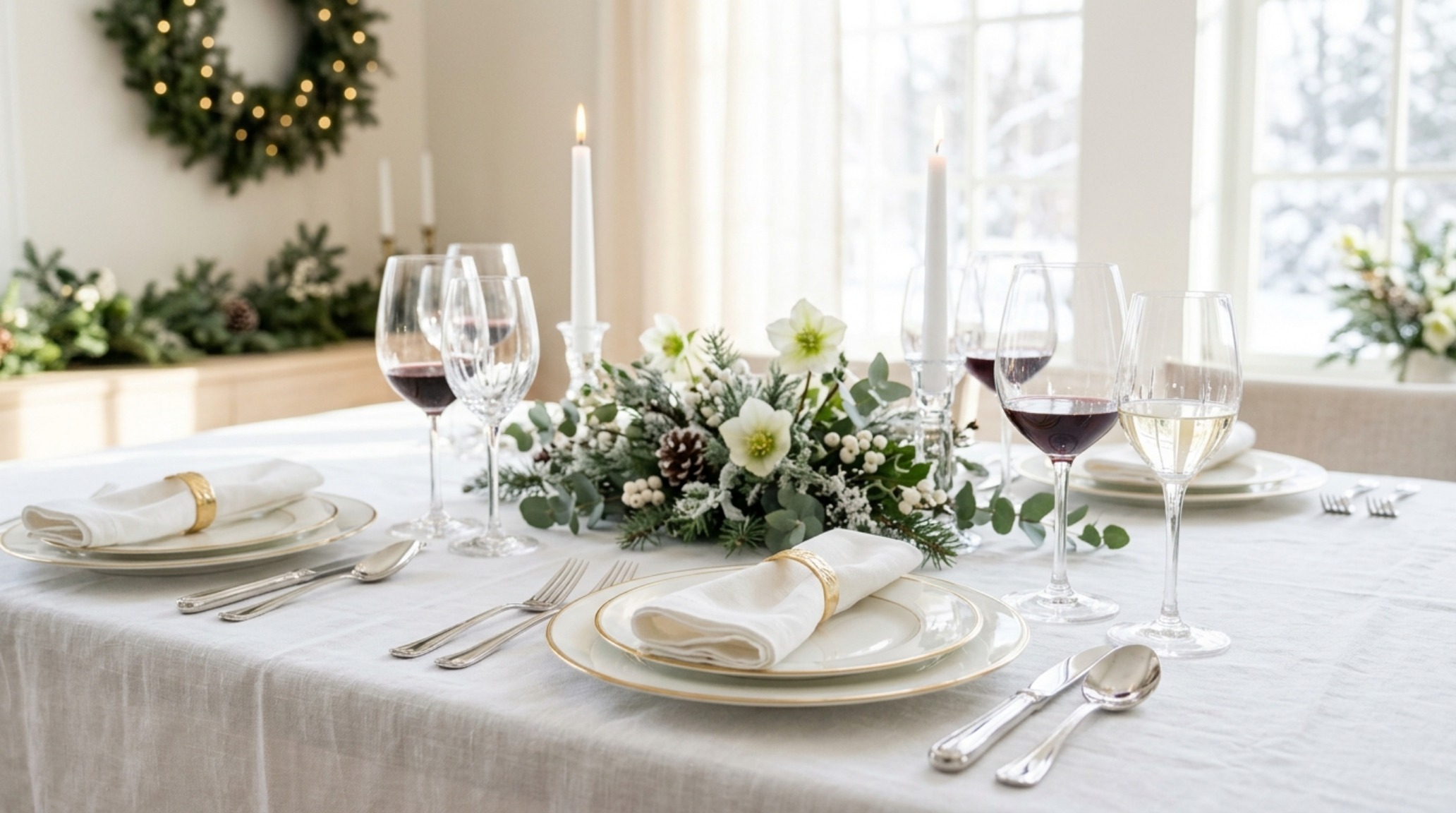Elegant holiday table settings with fine bone china, polished silver cutlery, and hand-lettered place cards on a snowy linen tablecloth. Elegant holiday table settings with fine bone china, polished silver cutlery, and hand-lettered place cards on a snowy linen tablecloth.