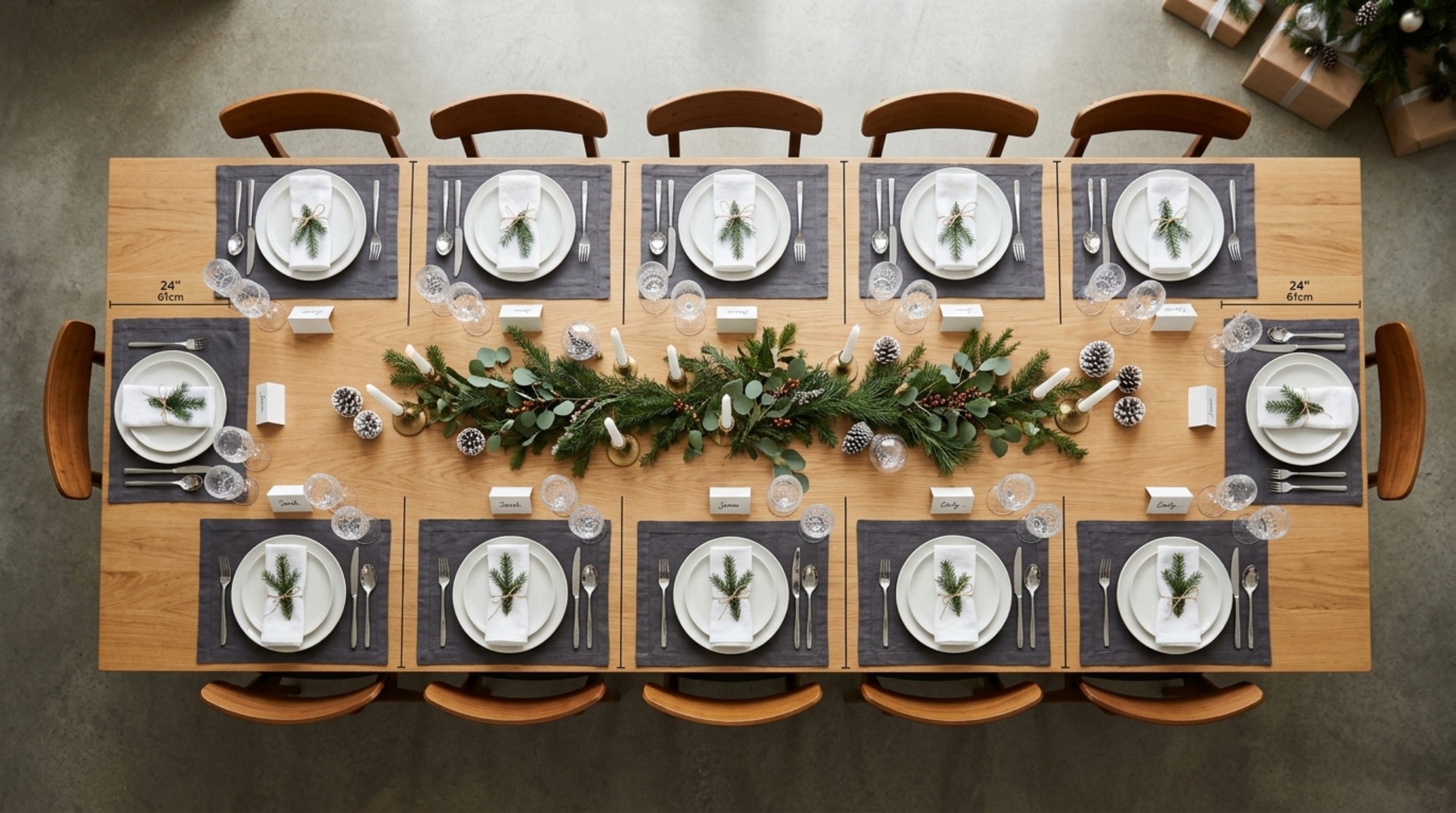 Centerpiece height rules demonstrated with a series of low glass votives and scattered pinecones to ensure clear sightlines across the table. Centerpiece height rules demonstrated with a series of low glass votives and scattered pinecones to ensure clear sightlines across the table.