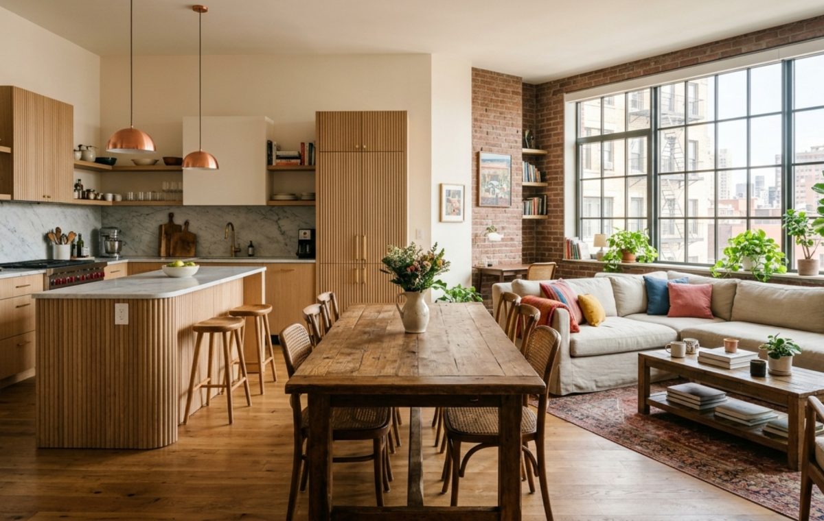 A modern open-plan kitchen and living area with fluted white oak cabinetry and a wooden dining table anchor, inspired by pop cultures most iconic new york decor ideas.