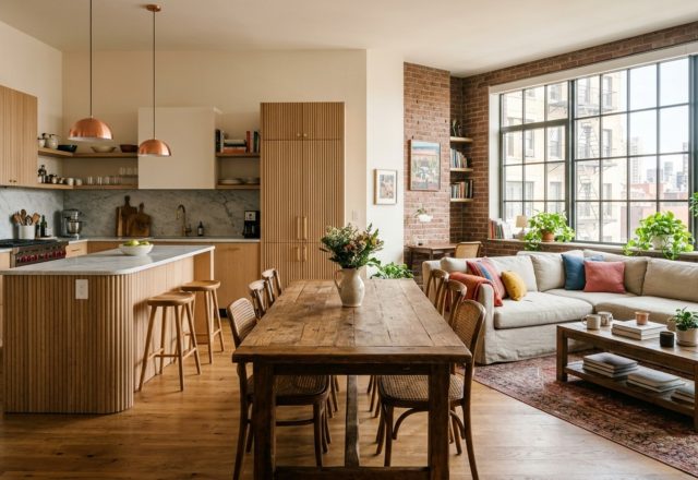 A modern open-plan kitchen and living area with fluted white oak cabinetry and a wooden dining table anchor, inspired by pop cultures most iconic new york decor ideas.