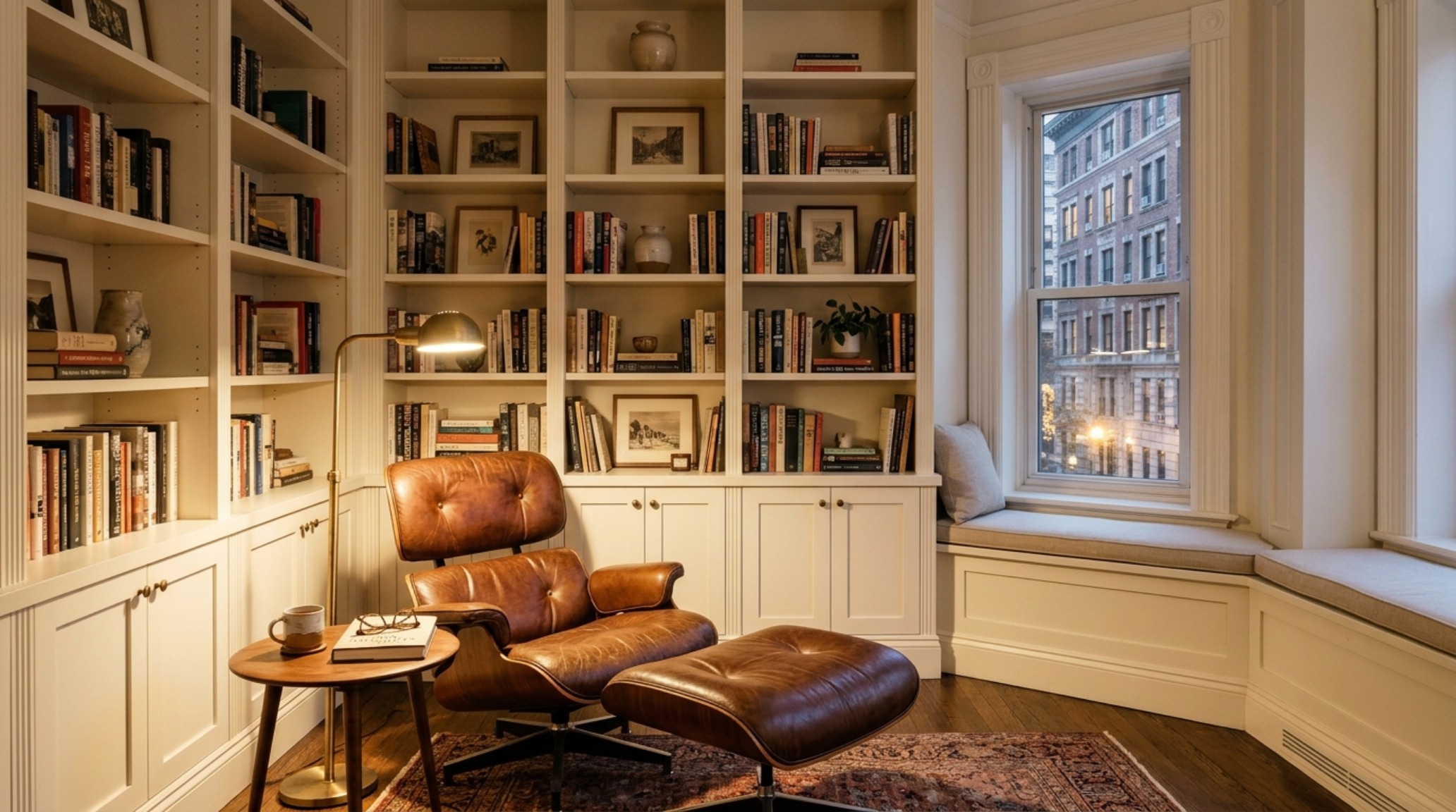 A cozy architectural reading nook with floor-to-ceiling bookshelves in Benjamin Moore Swiss Coffee, featuring a leather armchair and warm 2700K task lighting.