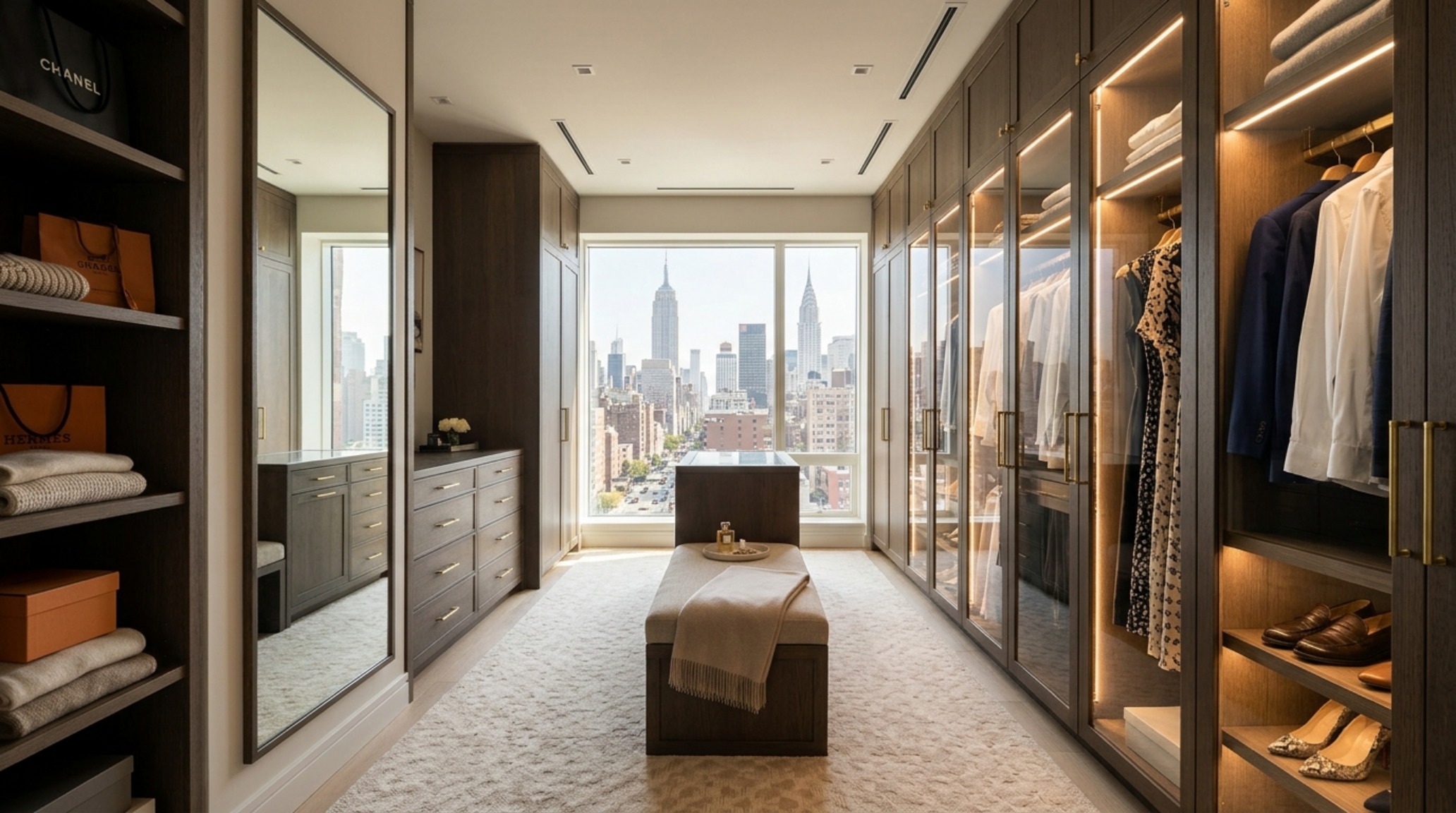 A luxury walk-in closet with integrated LED lighting and glass-fronted cabinetry, demonstrating pop cultures most iconic new york decor ideas for spatial flow.