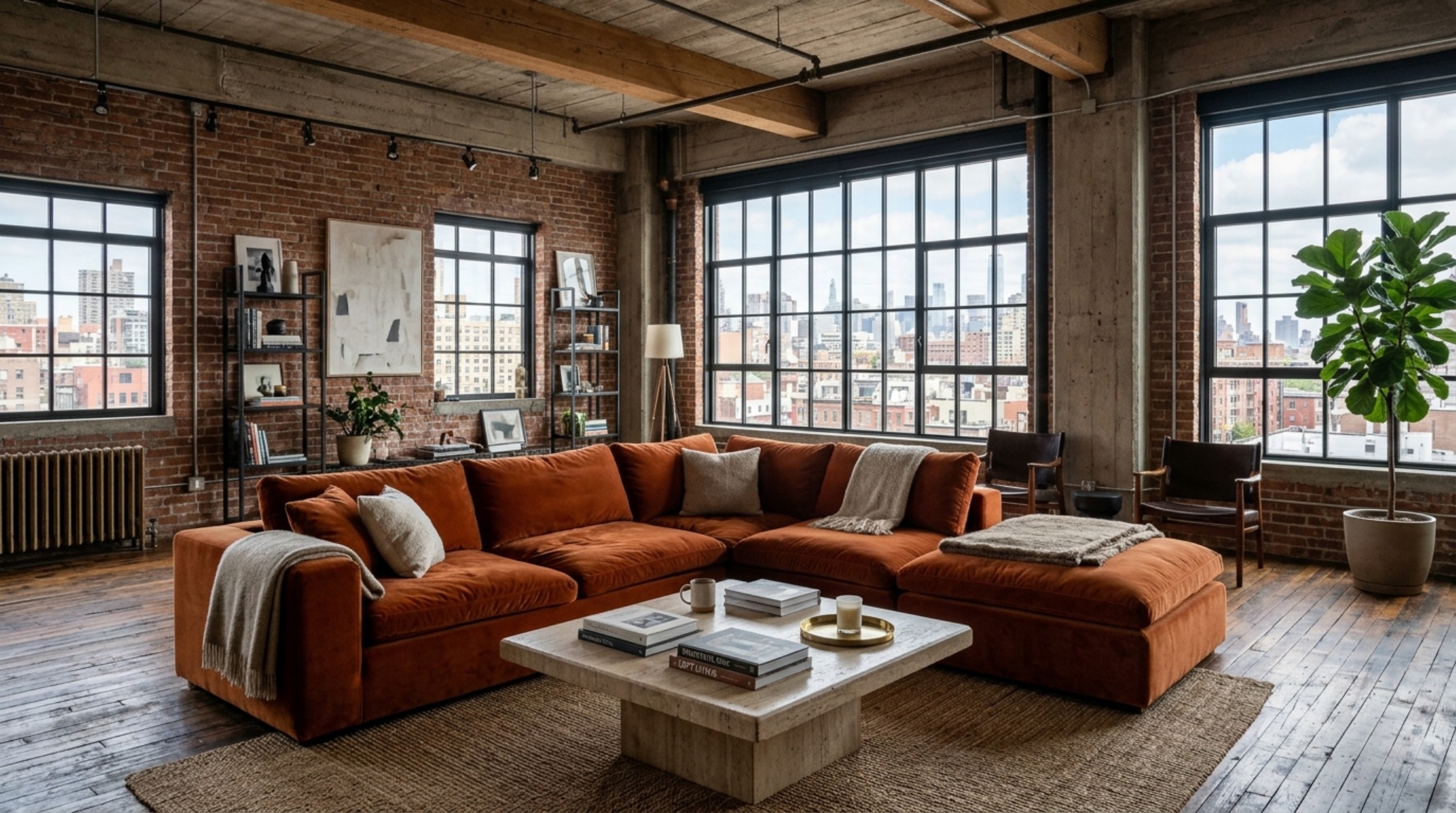 An industrial New York loft living room with exposed brick, oversized linen-shaded floor lamps, and a honed travertine coffee table with 36-inch clearances.
