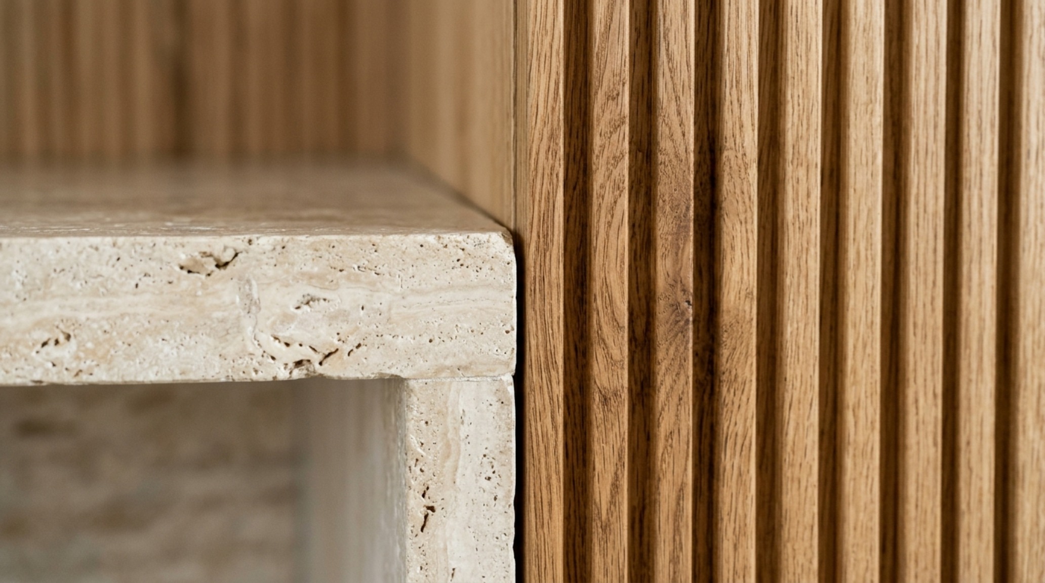 Detailed shot of fluted white oak texture and a honed travertine surface under soft, directional natural sunlight in a modern NYC apartment.