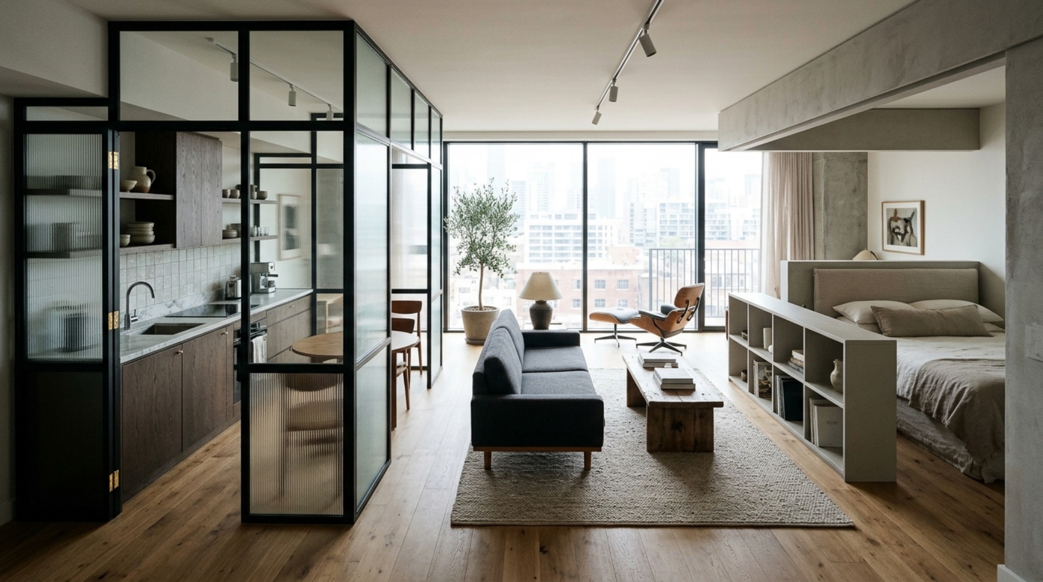 A wide-angle view of a studio apartment using the jewel box zoning method to separate the living and sleeping areas with furniture placement.