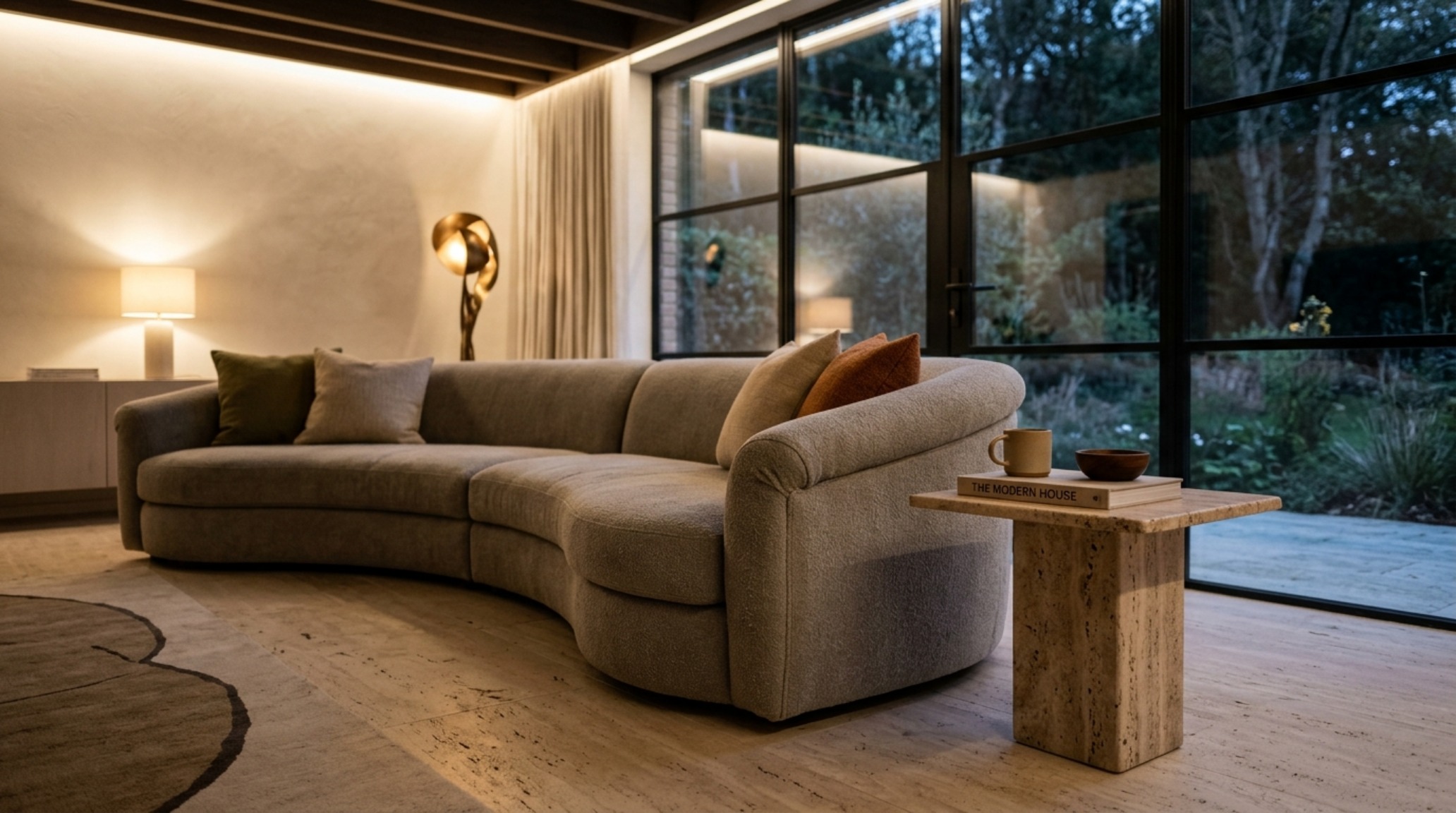 Close-up of a velvet croissant-shaped sofa and a travertine plinth table, showcasing modern pop culture interior design trends.