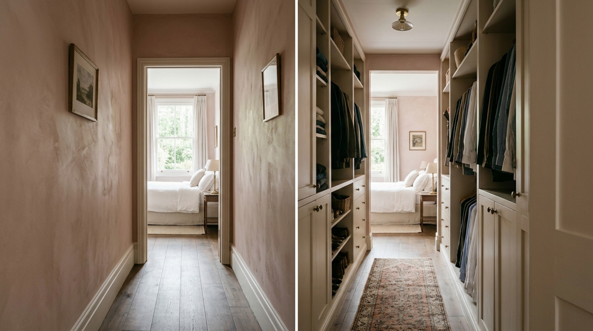 A bathroom and walk-in closet circulation path showing sightline alignment and high-end materials like Farrow & Ball Setting Plaster walls.