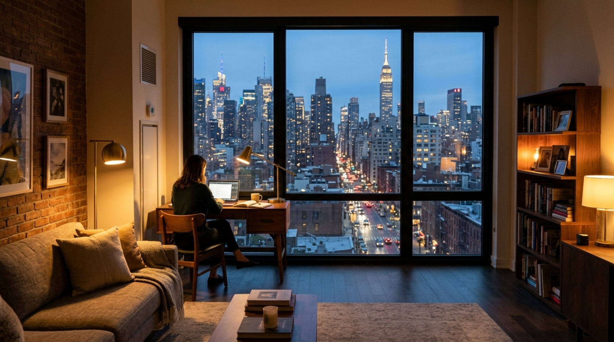 A evening shot of an NYC apartment interior with 2700K warm ambient lighting and 3000K task lighting, emphasizing shadow play and depth.