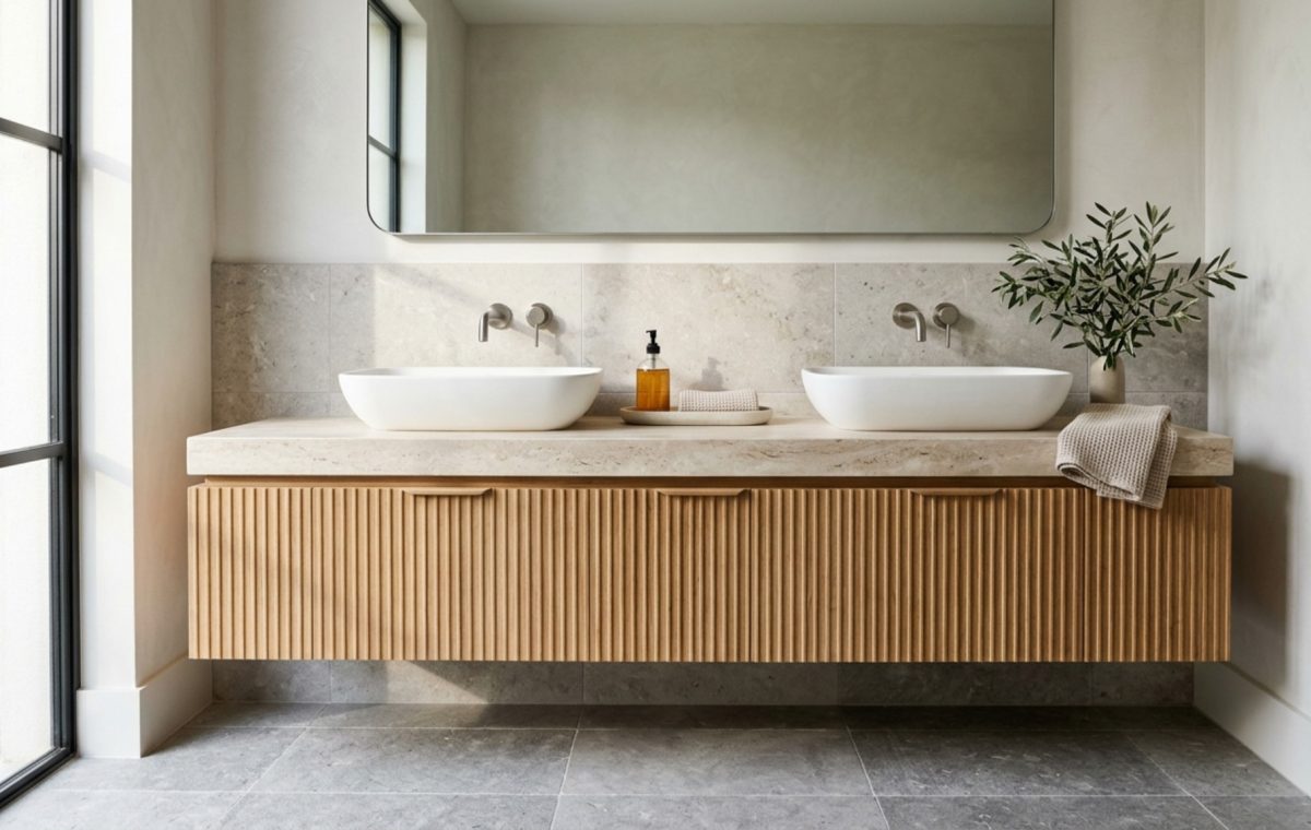 wall-mounted vanity ideas featuring a fluted white oak cabinet and honed travertine countertop in a sun-drenched bathroom.