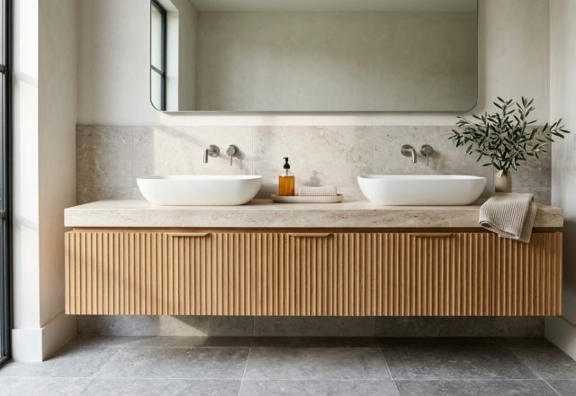 wall-mounted vanity ideas featuring a fluted white oak cabinet and honed travertine countertop in a sun-drenched bathroom.