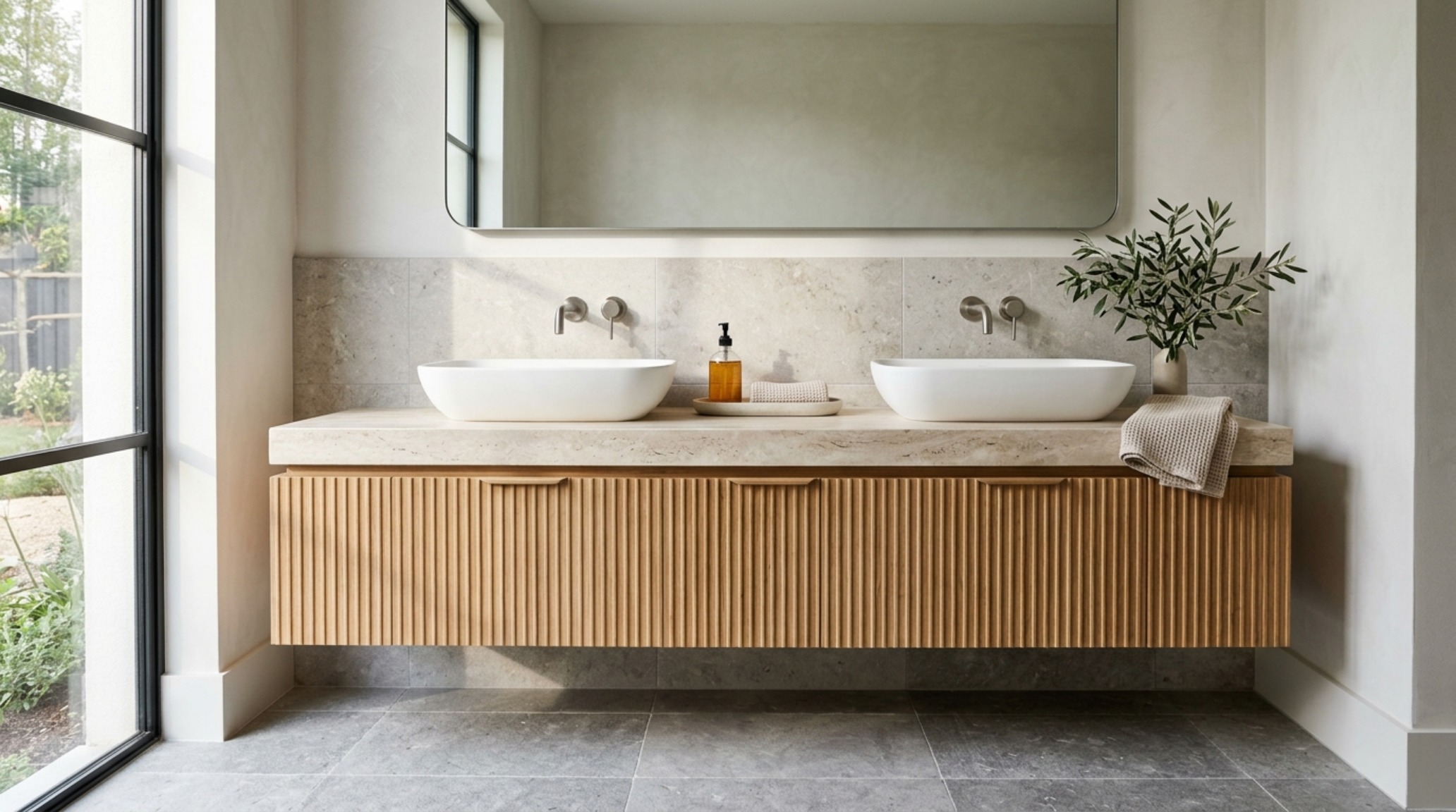 wall-mounted vanity ideas featuring a fluted white oak cabinet and honed travertine countertop in a sun-drenched bathroom. wall-mounted vanity ideas featuring a fluted white oak cabinet and honed travertine countertop in a sun-drenched bathroom.