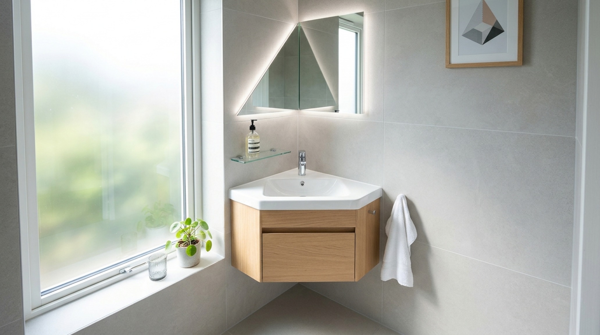 corner sink cabinets in a minimalist white-on-white palette designed to maximize floor area in a compact layout. corner sink cabinets in a minimalist white-on-white palette designed to maximize floor area in a compact layout.
