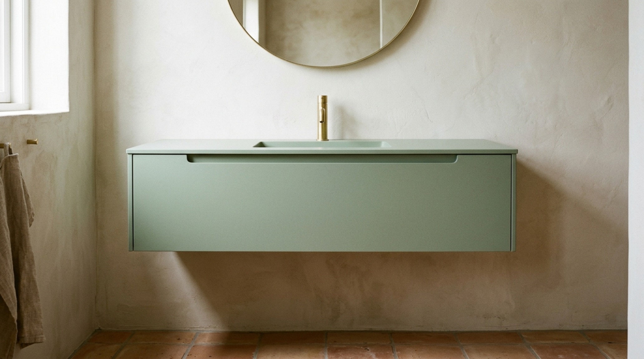 minimalist bathroom furniture with handle-less drawers and a floating profile against a plaster-finish wall. minimalist bathroom furniture with handle-less drawers and a floating profile against a plaster-finish wall.