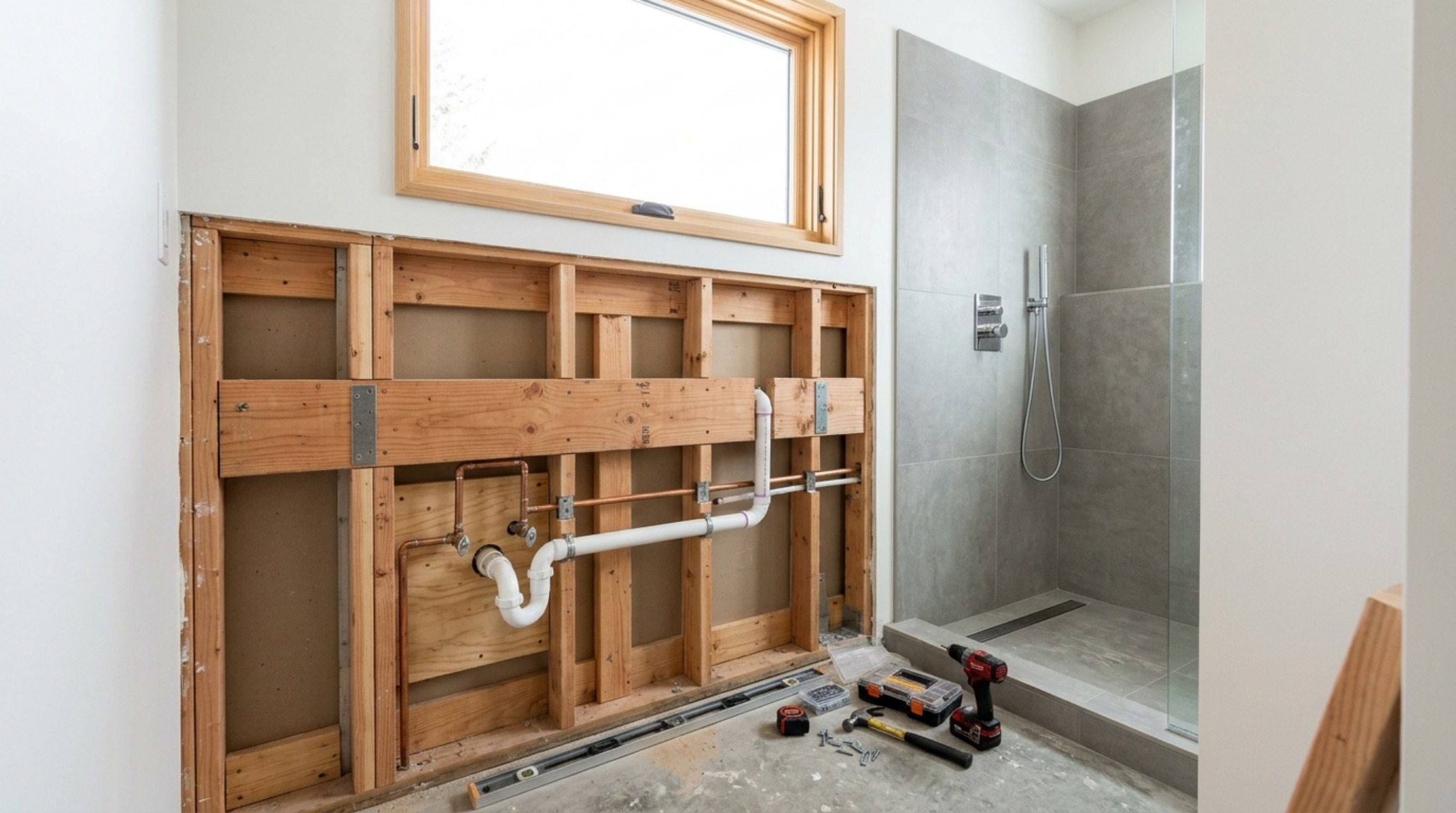 space-saving bathroom remodel featuring a custom-built cantilevered vanity and large format porcelain floor tiles. space-saving bathroom remodel featuring a custom-built cantilevered vanity and large format porcelain floor tiles.