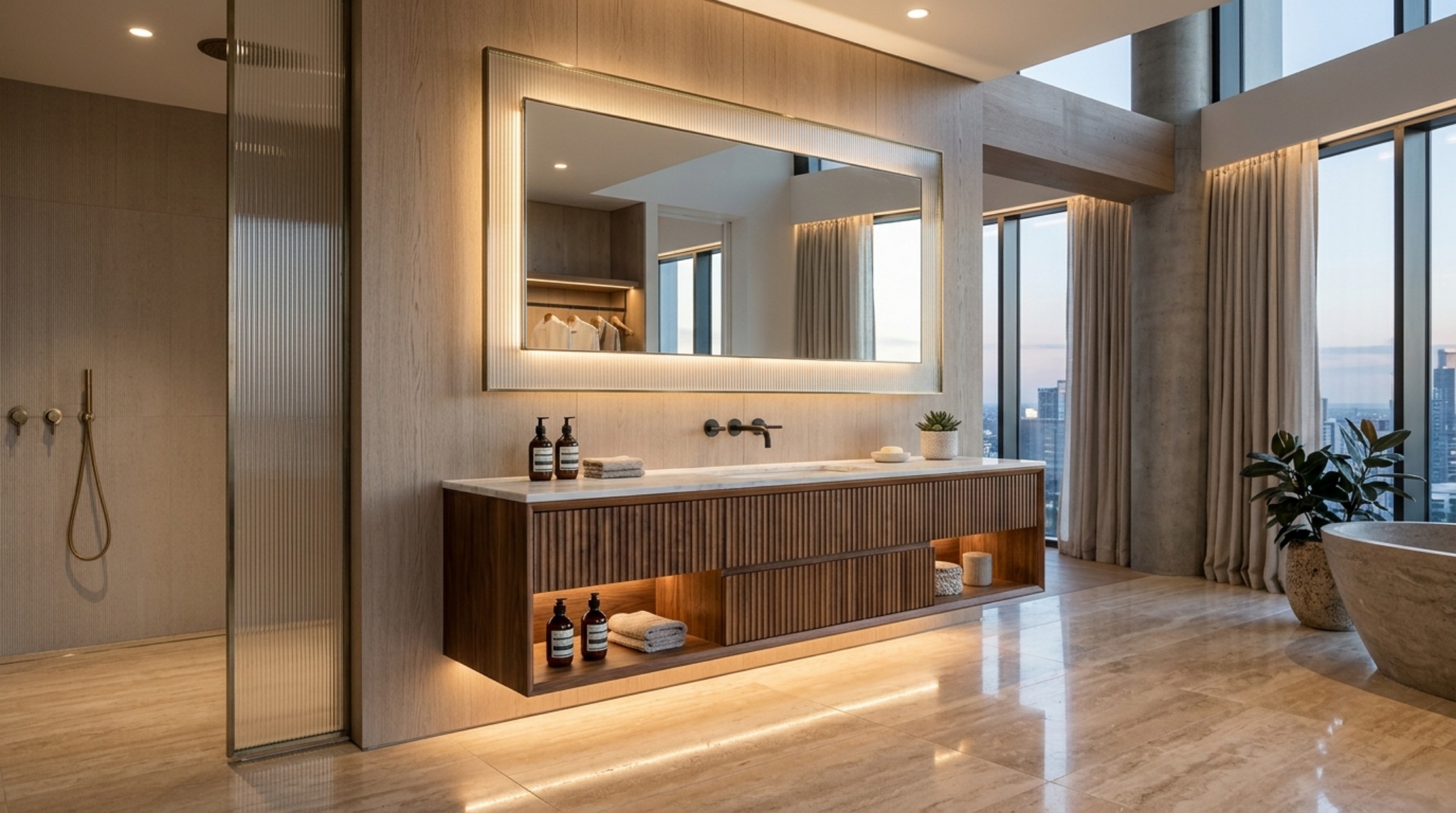 wall-mounted vanity ideas in a boutique hotel style with under-cabinet LED lighting and natural stone textures. wall-mounted vanity ideas in a boutique hotel style with under-cabinet LED lighting and natural stone textures.