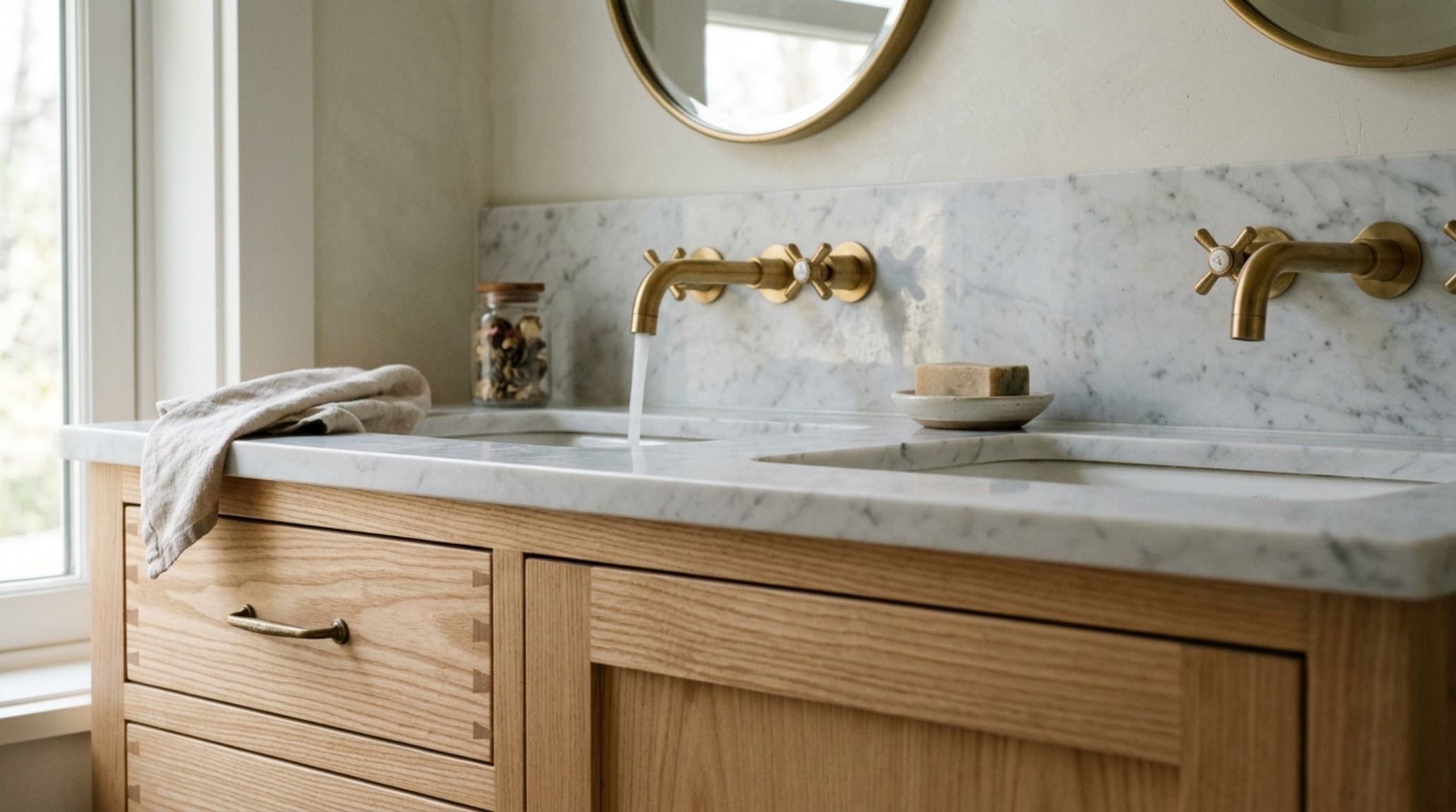 small double vanity options crafted from walnut wood with slimline silhouettes for shared en-suite bathrooms. small double vanity options crafted from walnut wood with slimline silhouettes for shared en-suite bathrooms.