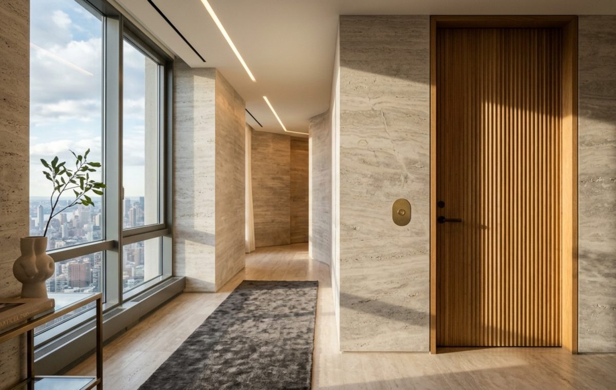private elevator apartment floor plans featuring a minimalist stone vestibule with recessed warm 2700K lighting and fluted timber wall panels.