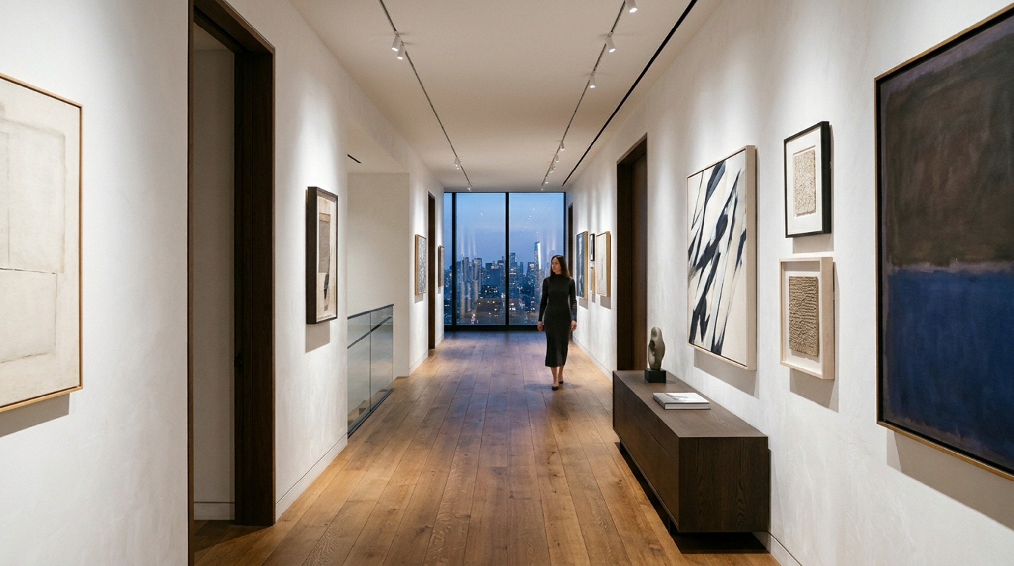 luxury penthouse floor plans illustrating a private gallery corridor with museum-grade 3000K track lighting and white plaster walls.