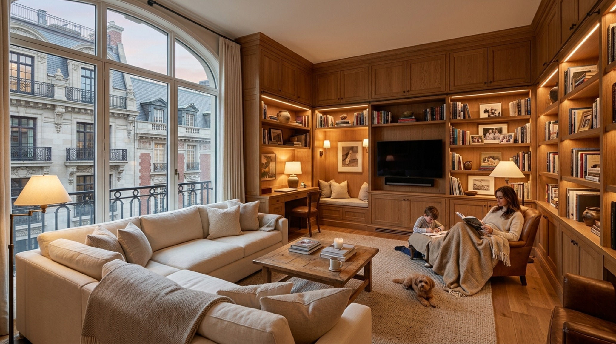 luxury duplex floor plan design focusing on a family den with built-in rift-sawn oak shelving and soft, tactile boucle upholstery.