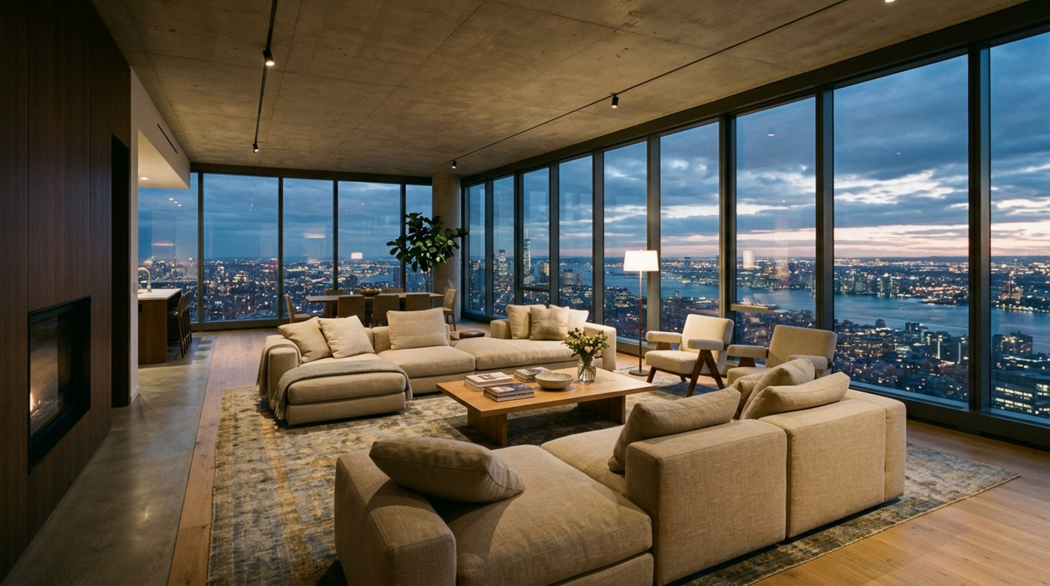 open-concept sky villa layouts showing a large living area with modular Italian sofas, floor-to-ceiling glass walls, and clear sightline alignment to the city skyline.