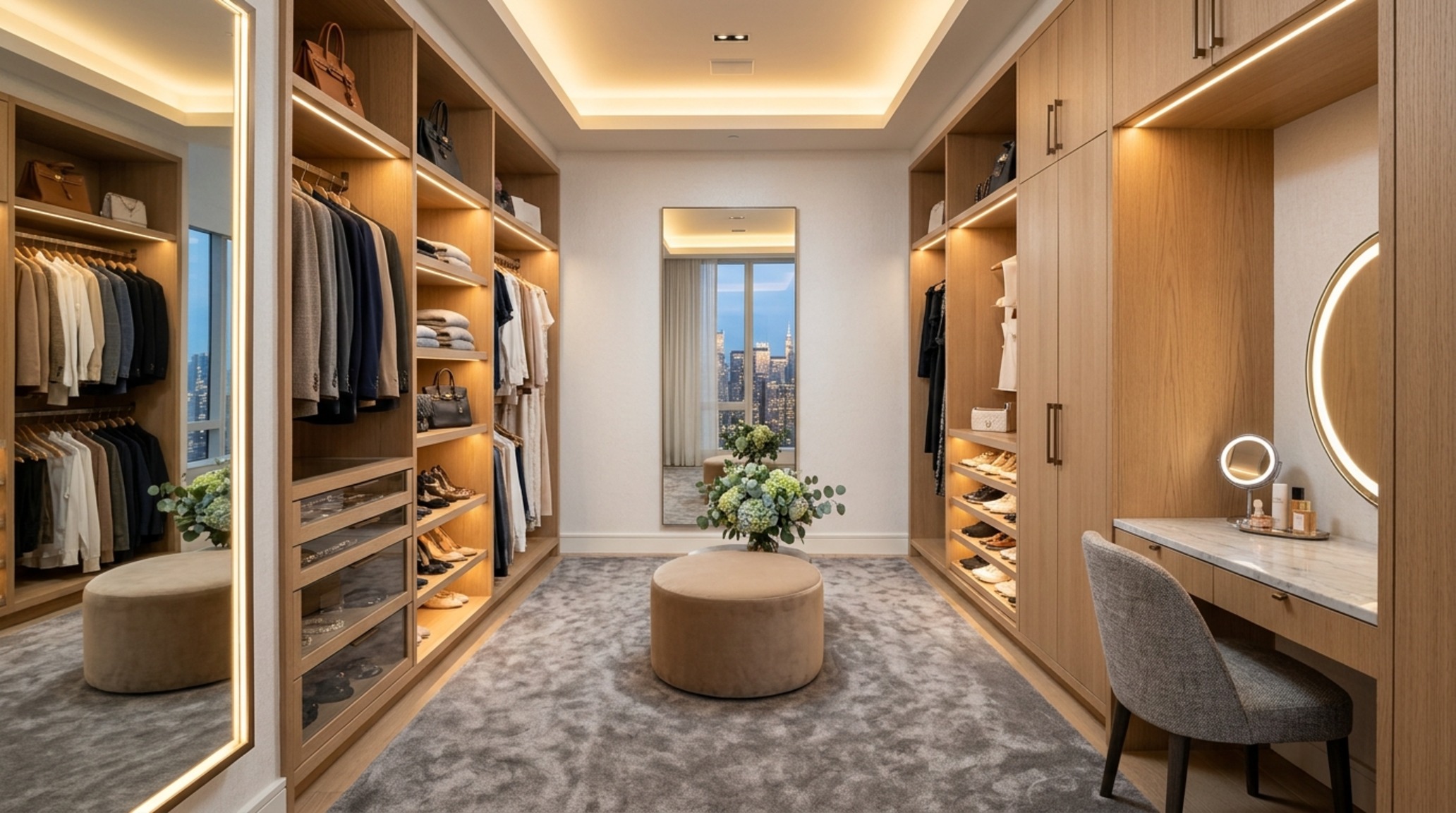 high-end residential spatial planning in a primary suite with a custom oak walk-through dressing room and 42-inch wide circulation paths.