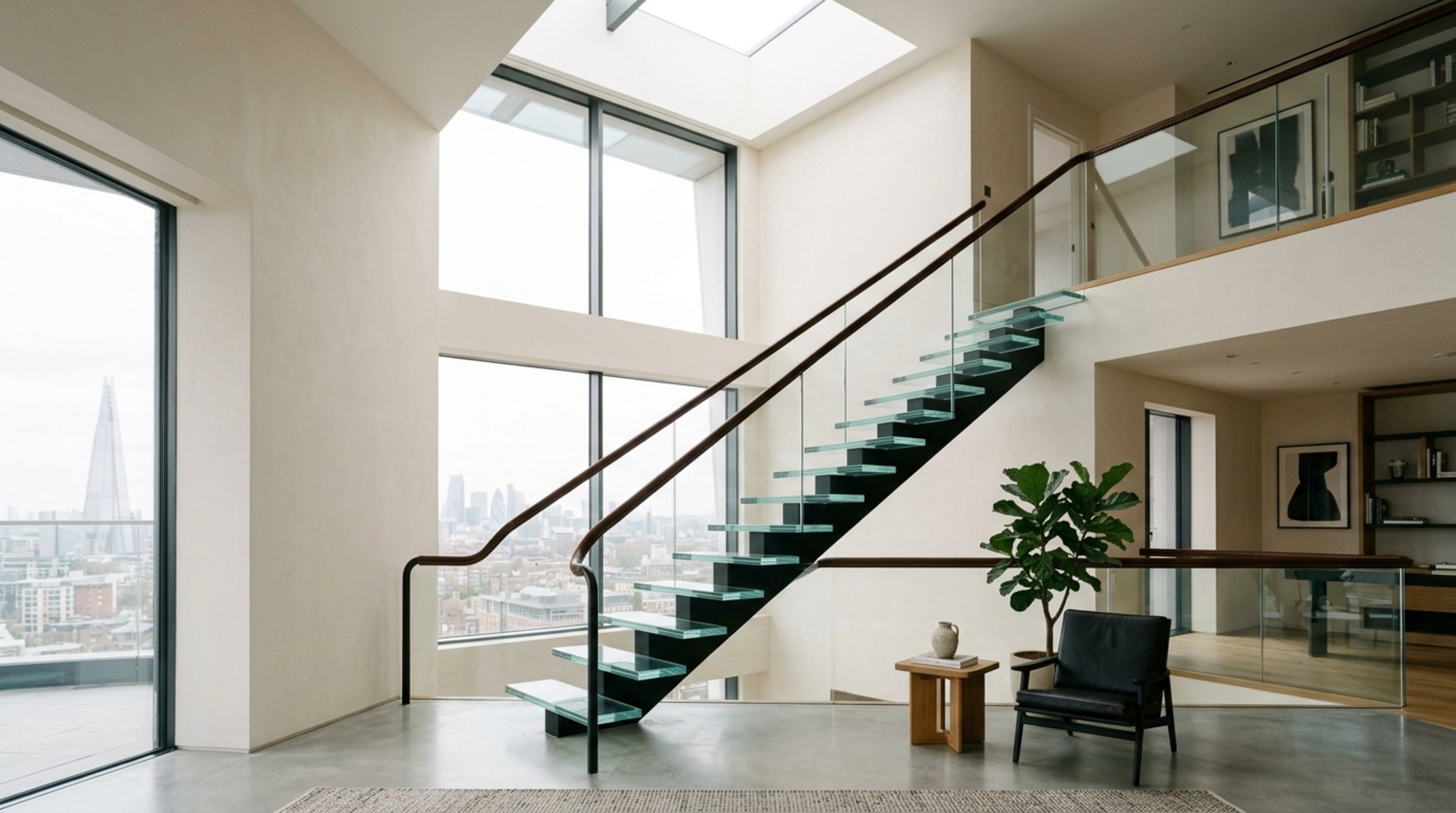 multi-level penthouse blueprints showcasing a sculptural floating staircase with glass treads and a leather-wrapped handrail connecting two floors.