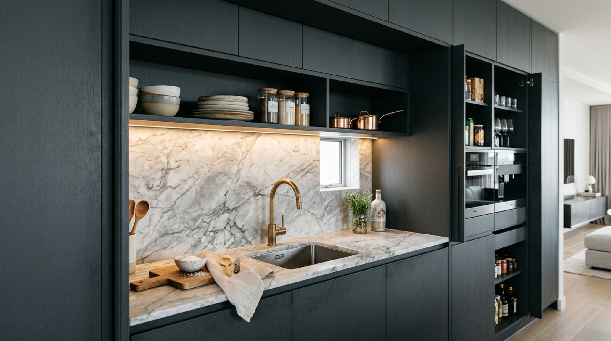 luxury penthouse floor plans detail showing a concealed scullery with slate charcoal cabinetry and professional-grade stainless steel appliances.