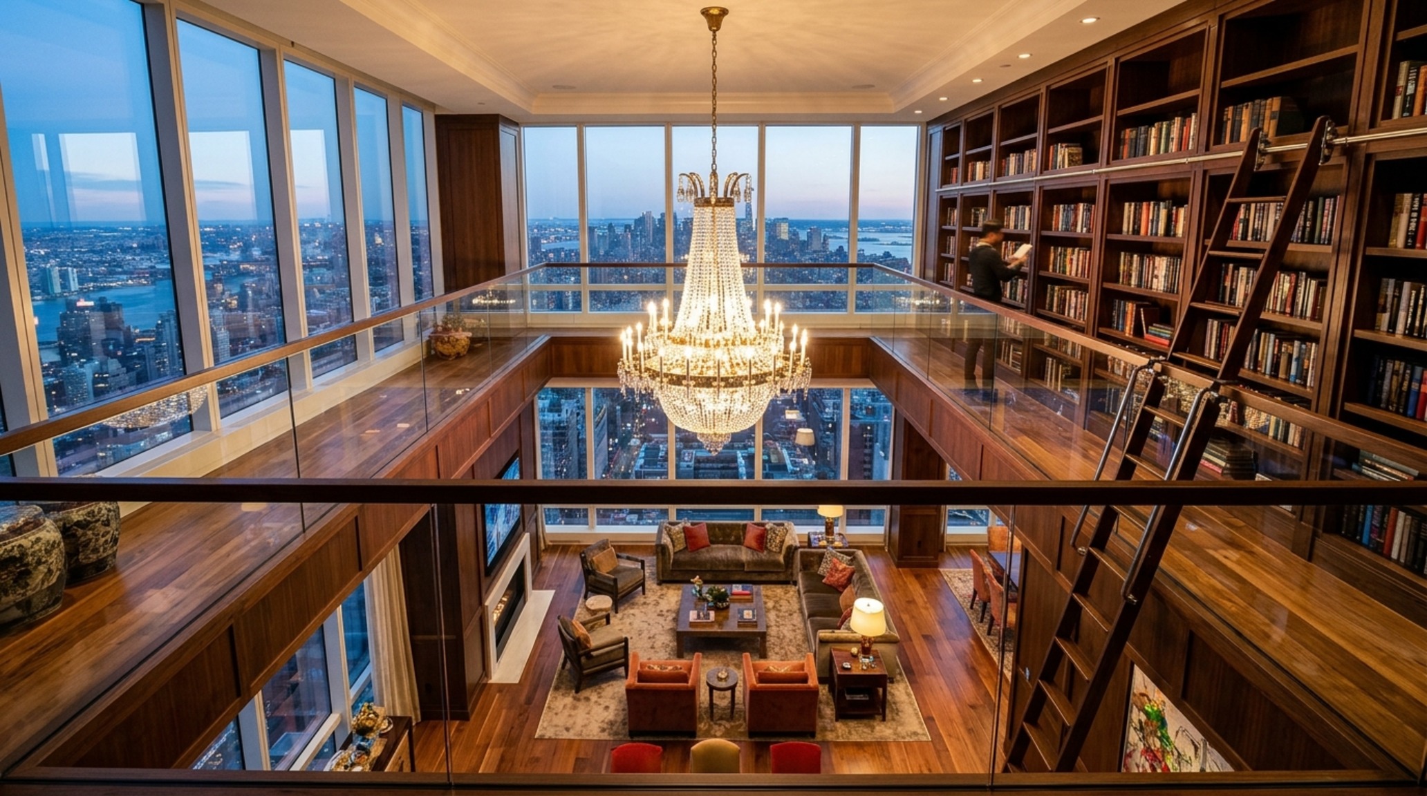 luxury duplex floor plan design with a double-height void and a grand library mezzanine overlooking the primary living space.