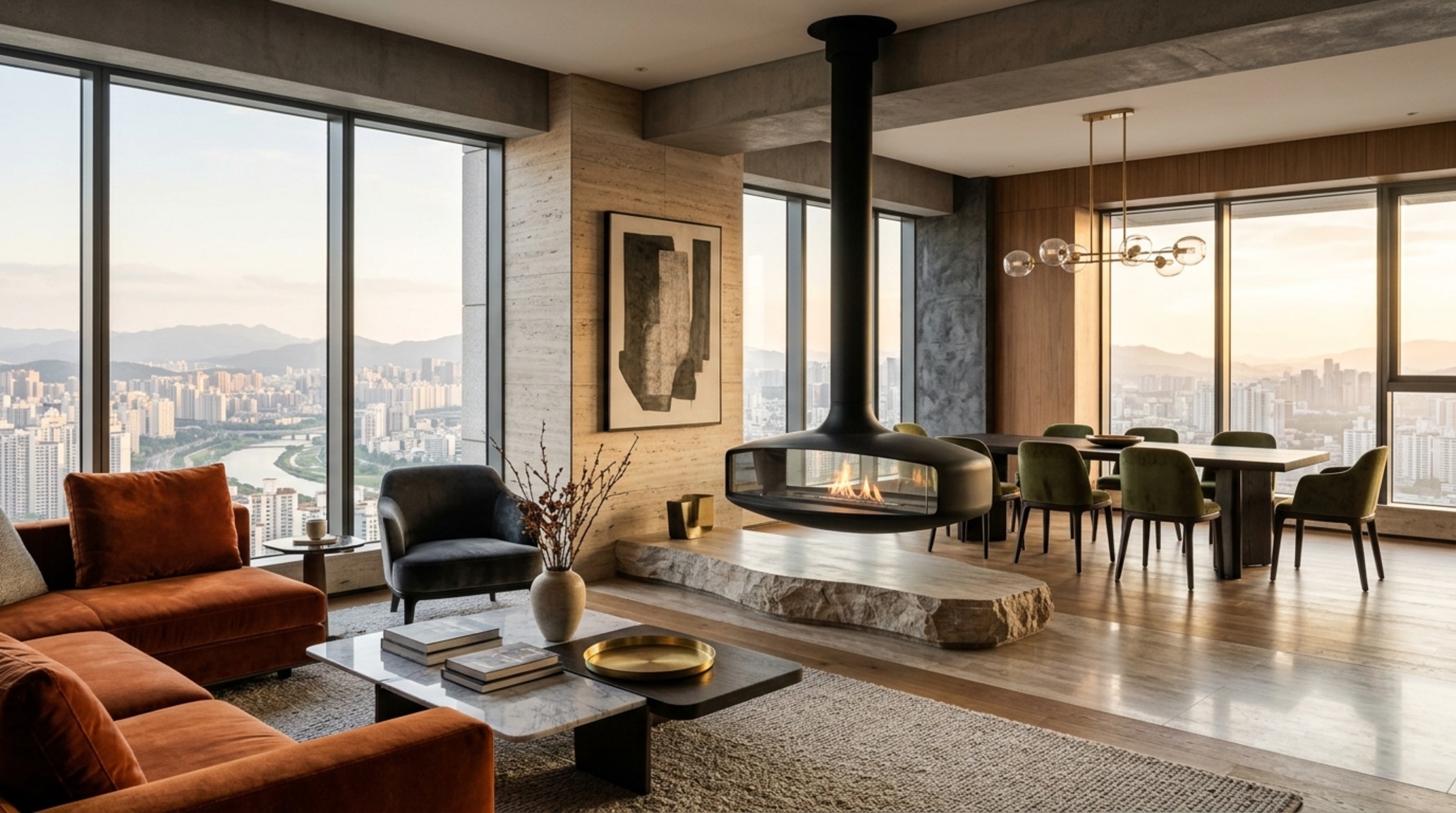 open-concept sky villa layouts highlighting the 'broken-plan' transition between a formal dining area and a cozy lounge using silk-and-wool rugs.